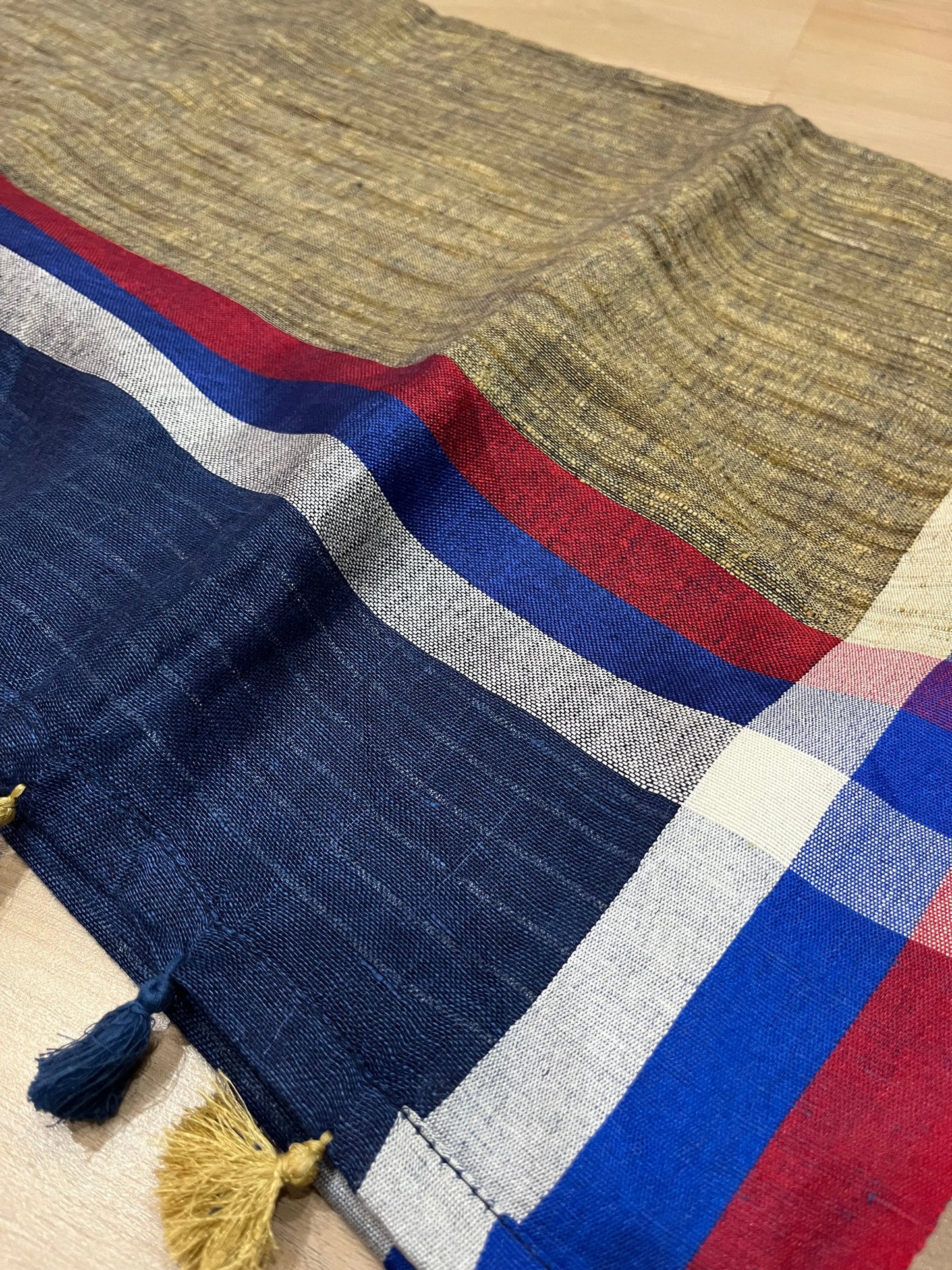 Dark Blue Handwoven organic Linen Saree | Contrast border | KIHUMS Saree kihums clothing