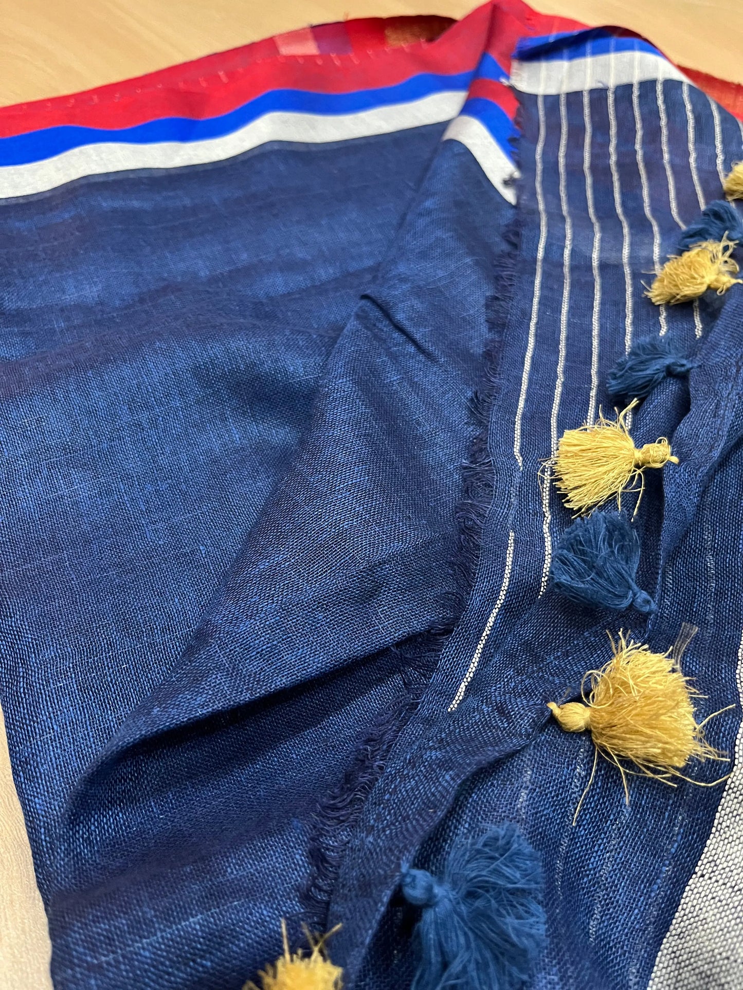Dark Blue Handwoven organic Linen Saree | Contrast border | KIHUMS Saree kihums clothing