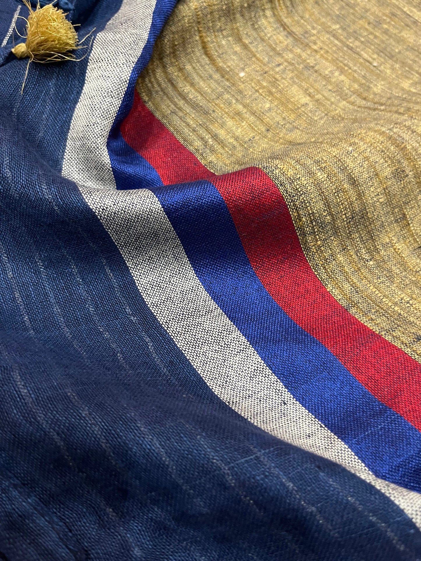 Dark Blue Handwoven organic Linen Saree | Contrast border | KIHUMS Saree kihums clothing