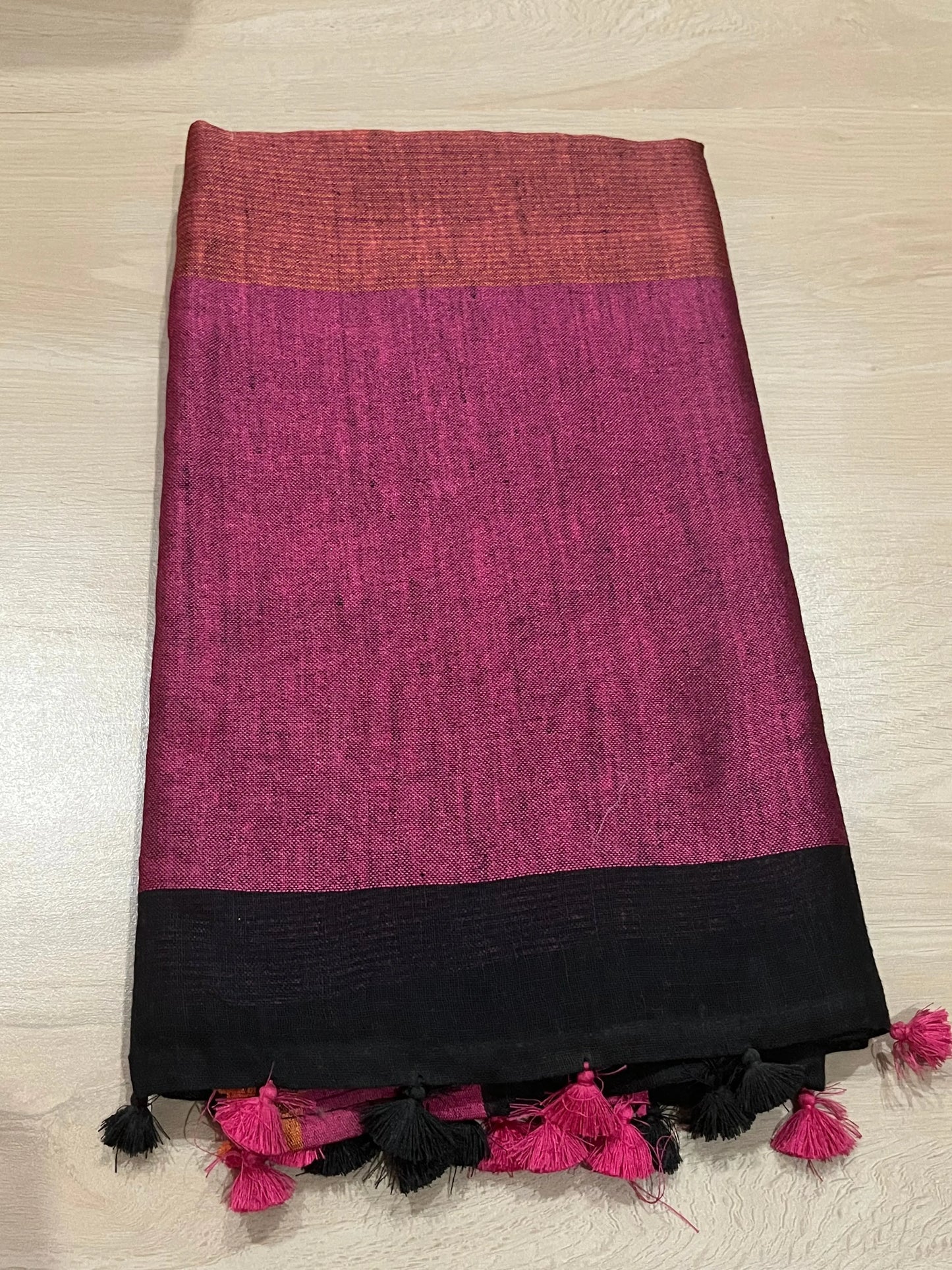 Black Handwoven organic Linen Saree | Contrast border | KIHUMS Saree kihums clothing