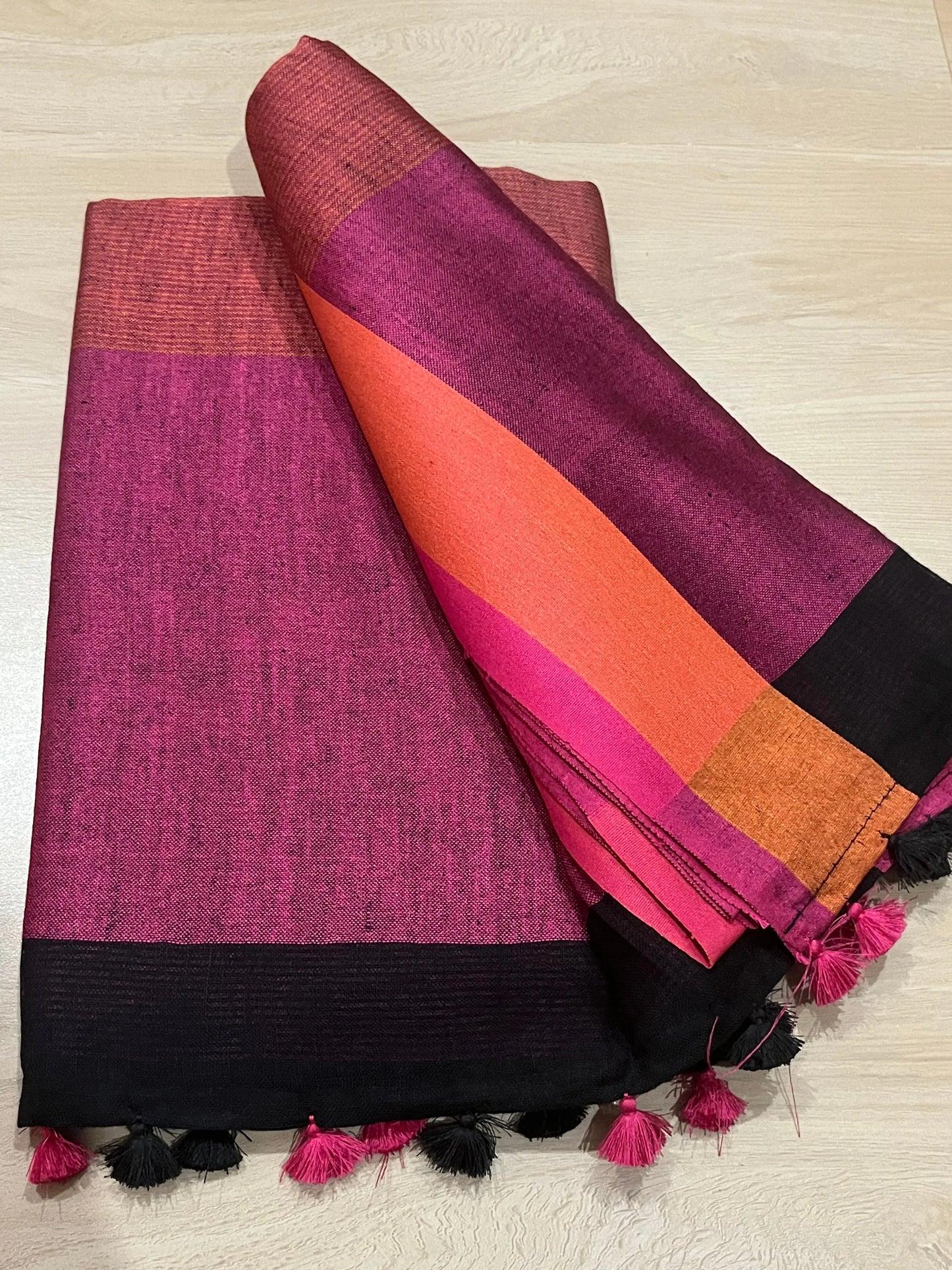Black Handwoven organic Linen Saree | Contrast border | KIHUMS Saree kihums clothing