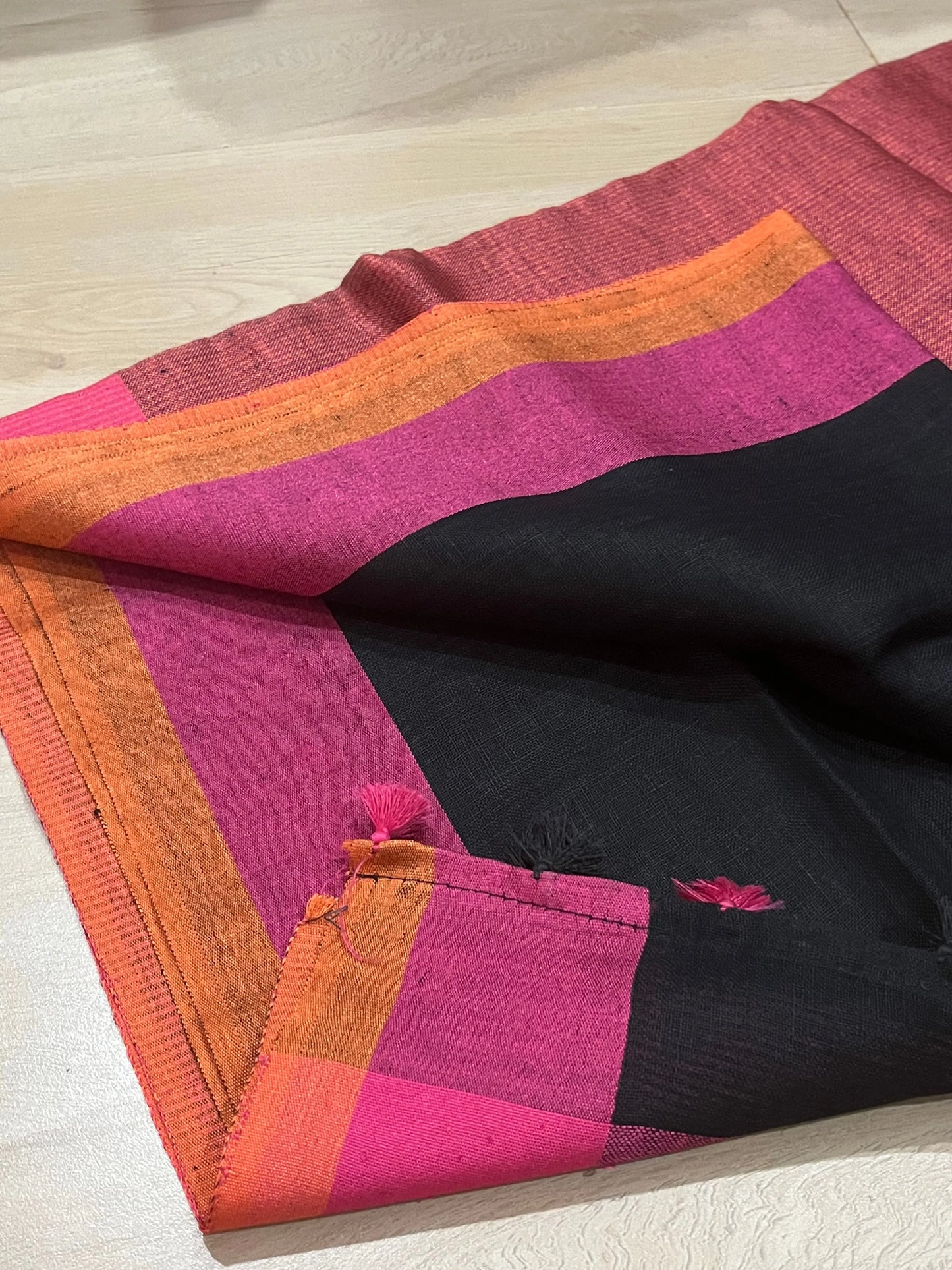 Black Handwoven organic Linen Saree | Contrast border | KIHUMS Saree kihums clothing