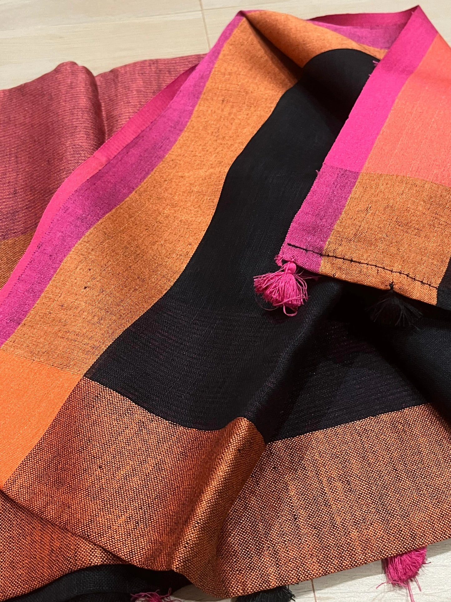 Black Handwoven organic Linen Saree | Contrast border | KIHUMS Saree kihums clothing