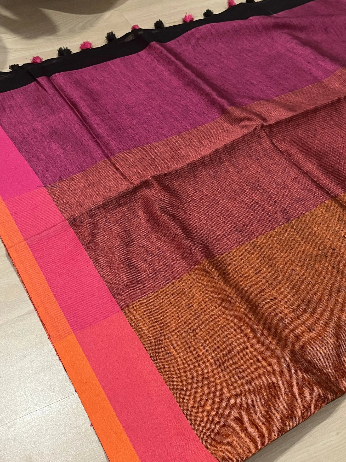 Black Handwoven organic Linen Saree | Contrast border | KIHUMS Saree kihums clothing