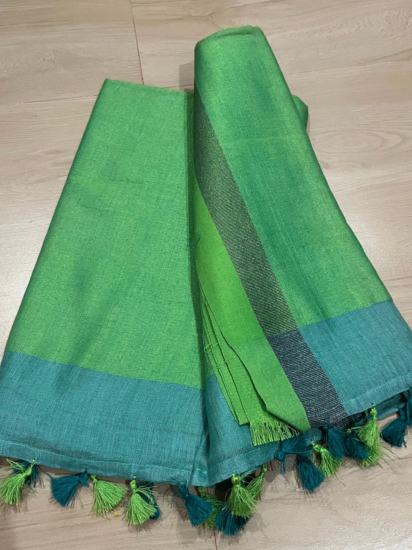 Turquoise shade Handwoven organic Linen Saree | Contrast border| KIHUMS Saree kihums clothing