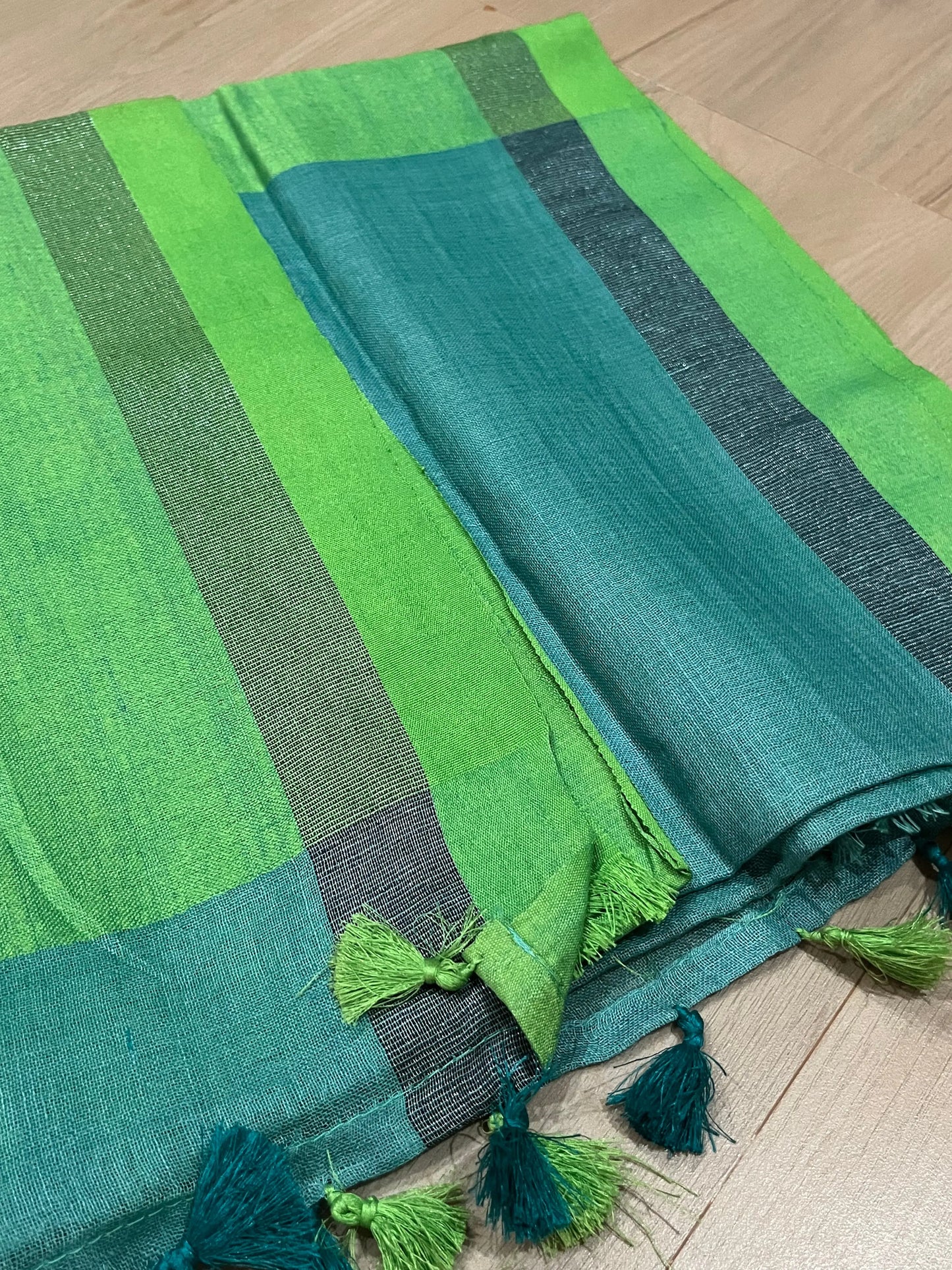 Turquoise shade Handwoven organic Linen Saree | Contrast border| KIHUMS Saree kihums clothing