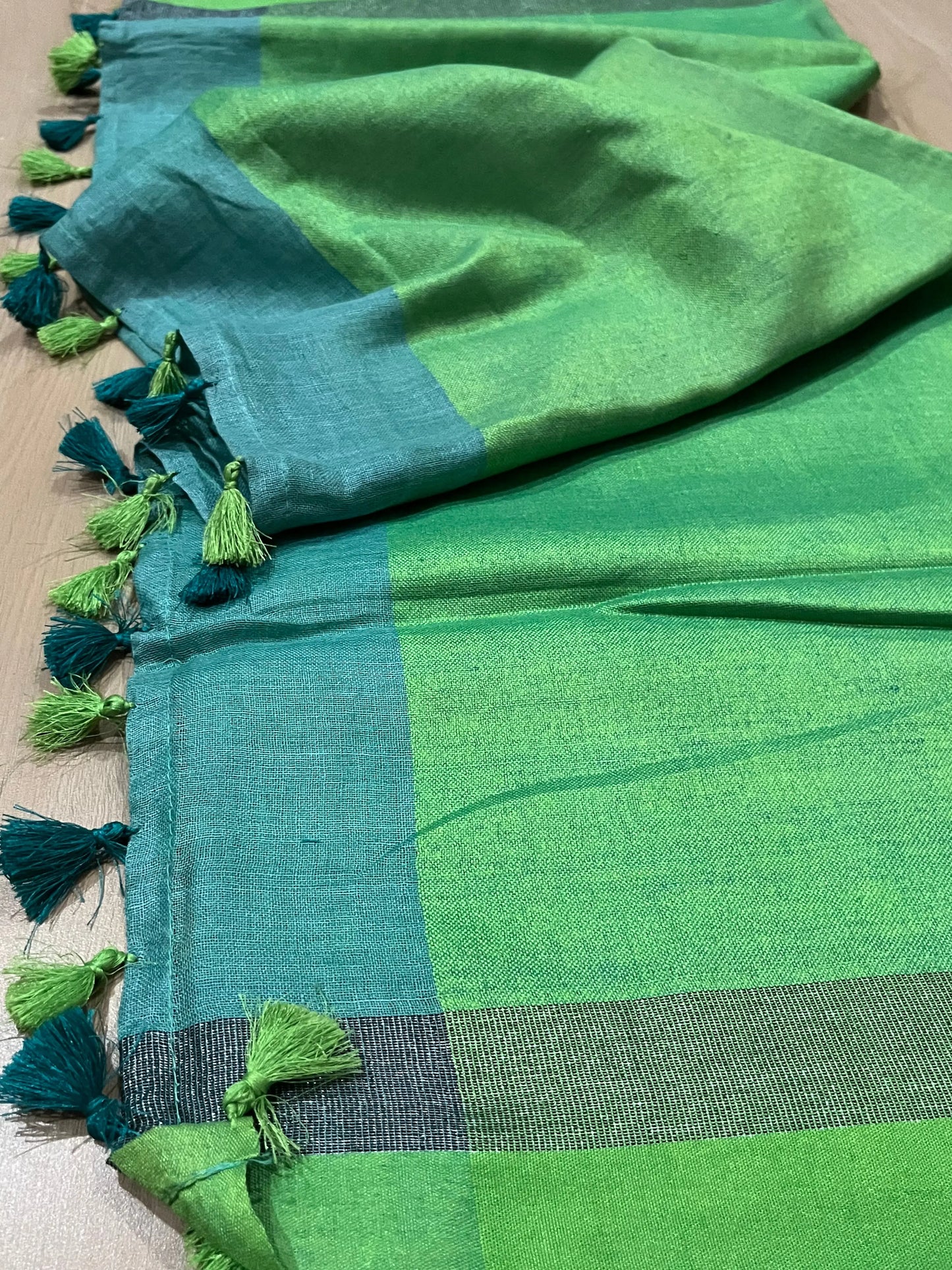 Turquoise shade Handwoven organic Linen Saree | Contrast border| KIHUMS Saree kihums clothing