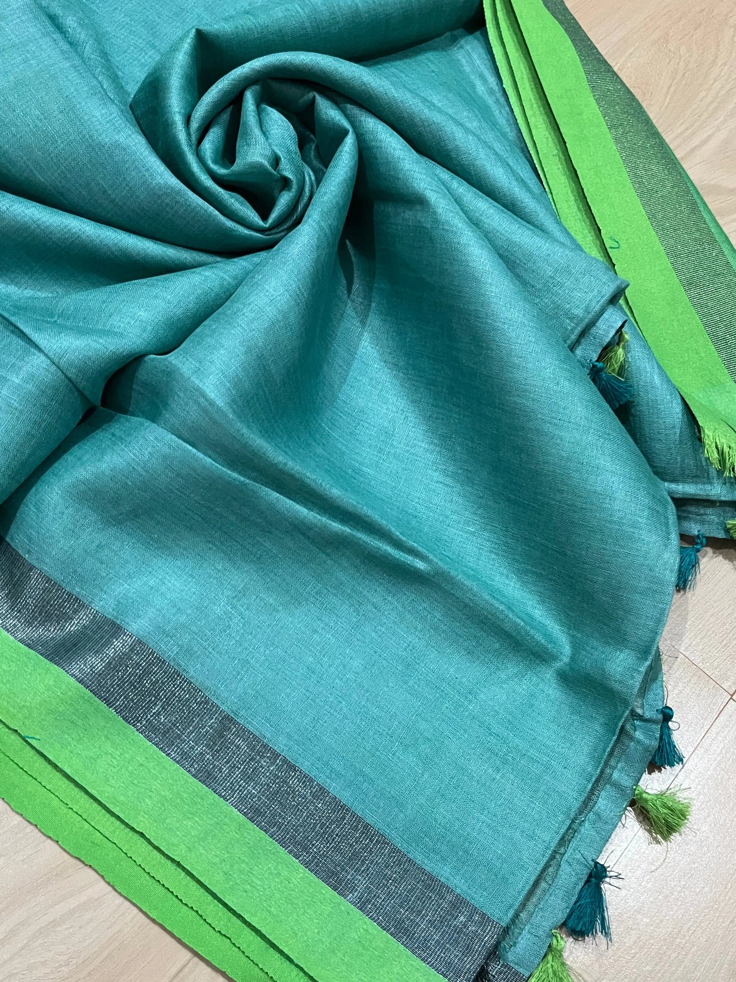 Turquoise shade Handwoven organic Linen Saree | Contrast border| KIHUMS Saree kihums clothing