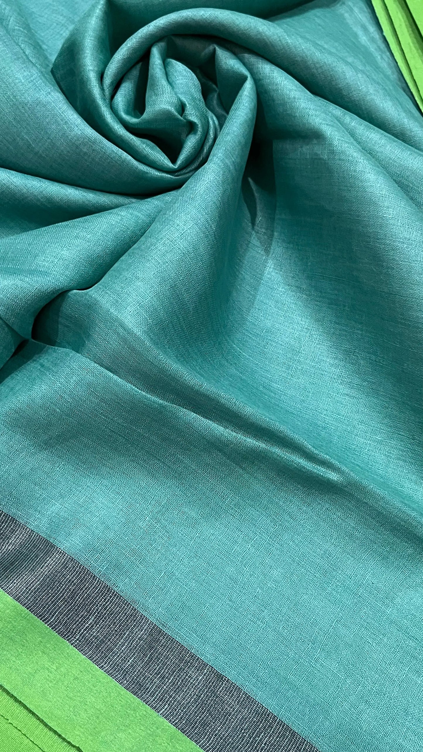 Turquoise shade Handwoven organic Linen Saree | Contrast border| KIHUMS Saree kihums clothing