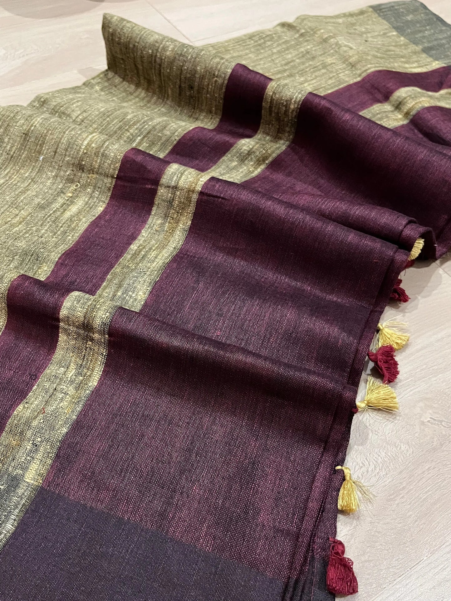 Dark Wine shade Handwoven organic Linen Saree | Contrast border| KIHUMS Saree kihums clothing