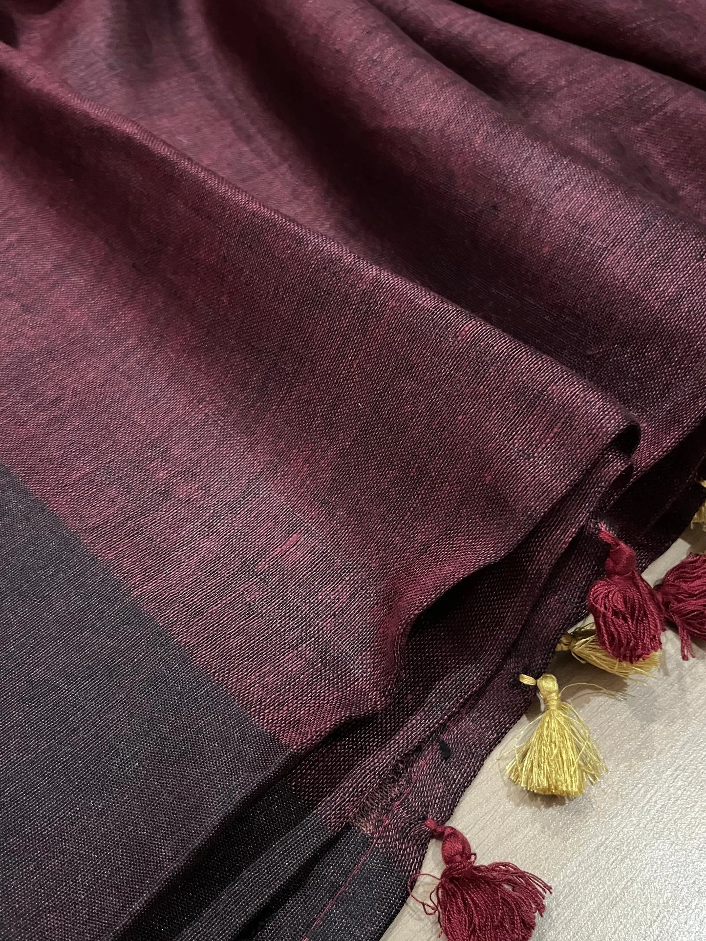 Dark Wine shade Handwoven organic Linen Saree | Contrast border| KIHUMS Saree kihums clothing