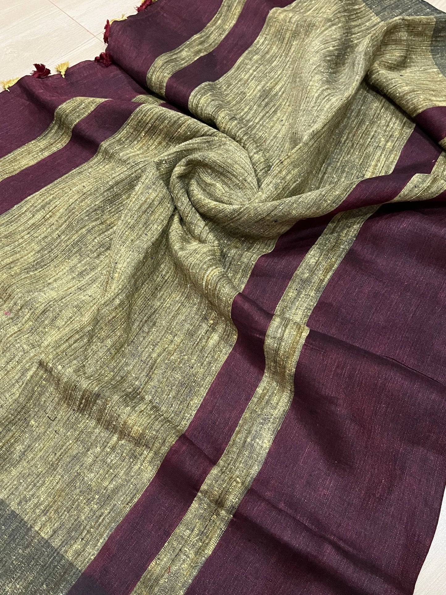 Dark Wine shade Handwoven organic Linen Saree | Contrast border| KIHUMS Saree kihums clothing