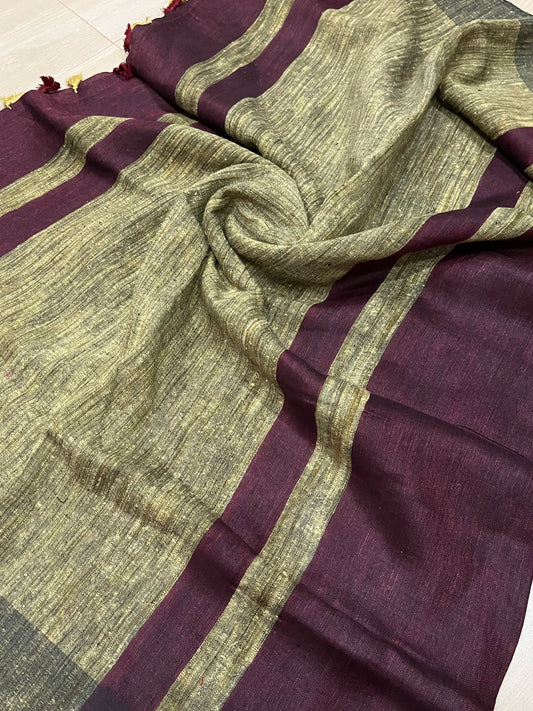Dark Wine shade Handwoven organic Linen Saree | Contrast border| KIHUMS Saree kihums clothing