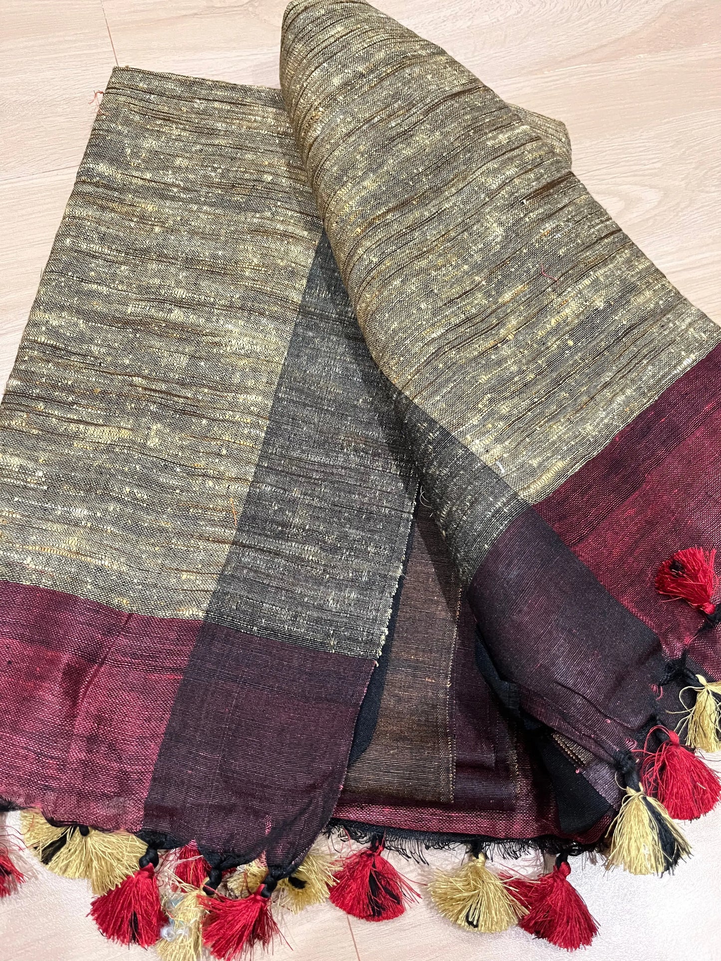 Orange & Maroon Handwoven organic Linen Saree | Contrast pallu | KIHUMS Saree kihums clothing