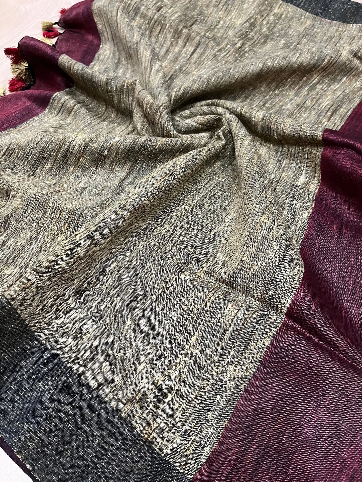Orange & Maroon Handwoven organic Linen Saree | Contrast pallu | KIHUMS Saree kihums clothing