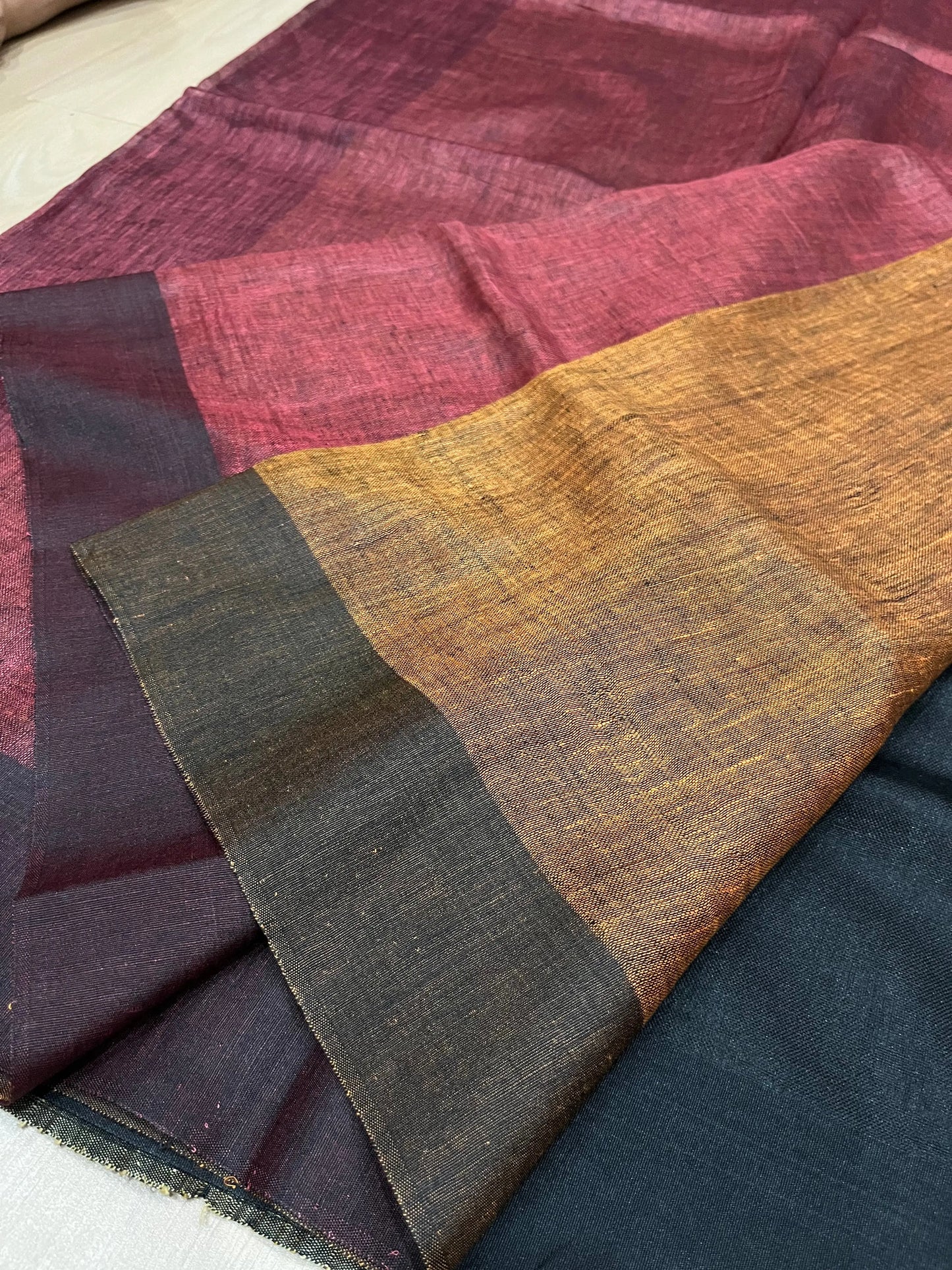 Orange & Maroon Handwoven organic Linen Saree | Contrast pallu | KIHUMS Saree kihums clothing