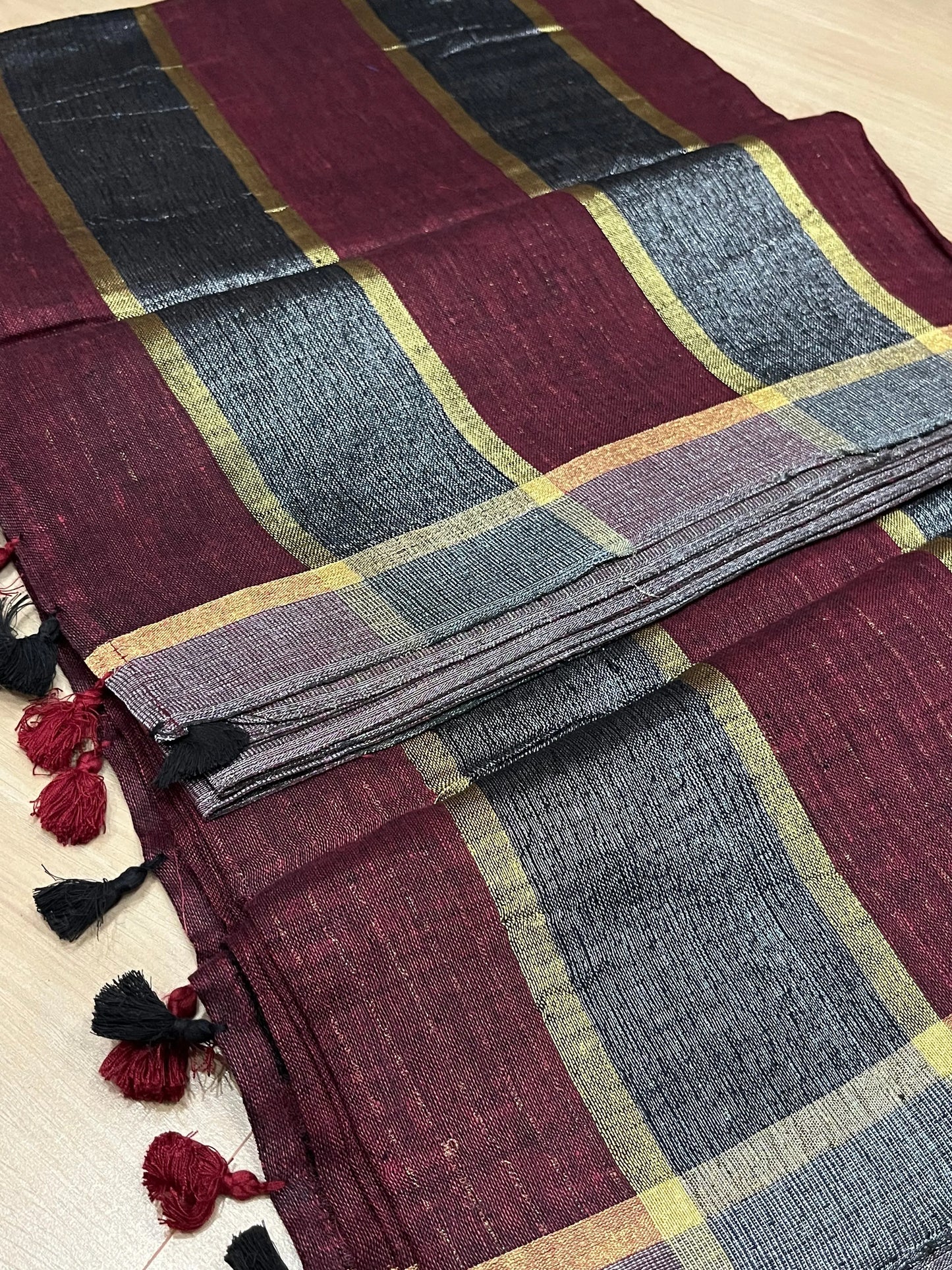 Wine Shade Handwoven organic Linen Saree | Gold Silver Zari Pallu | KIHUMS Saree kihums clothing