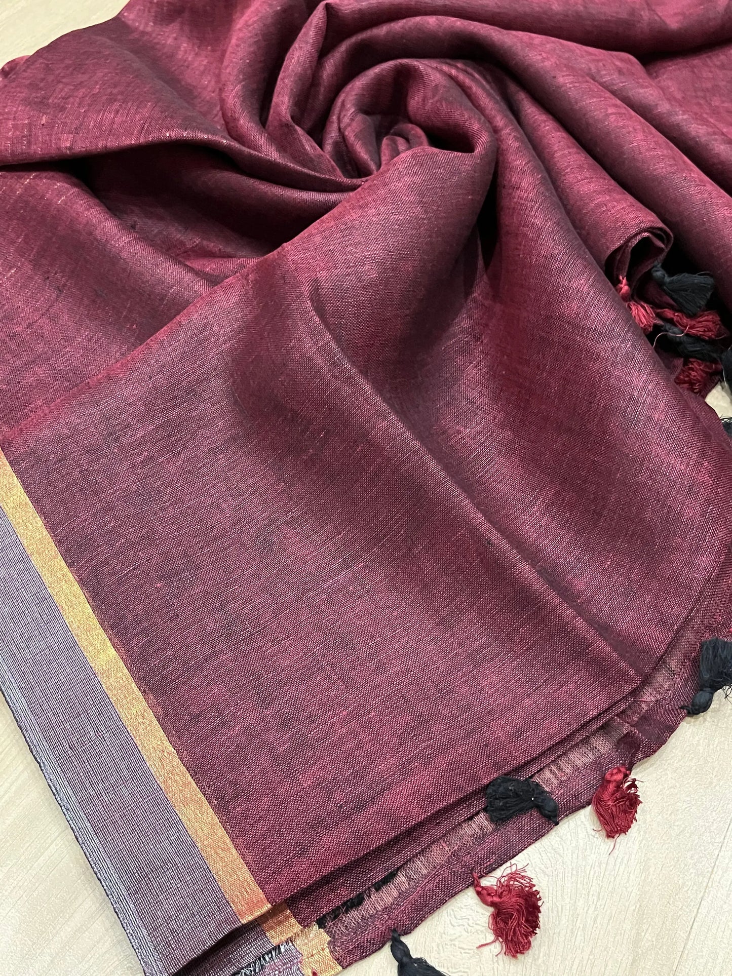 Wine Shade Handwoven organic Linen Saree | Gold Silver Zari Pallu | KIHUMS Saree kihums clothing