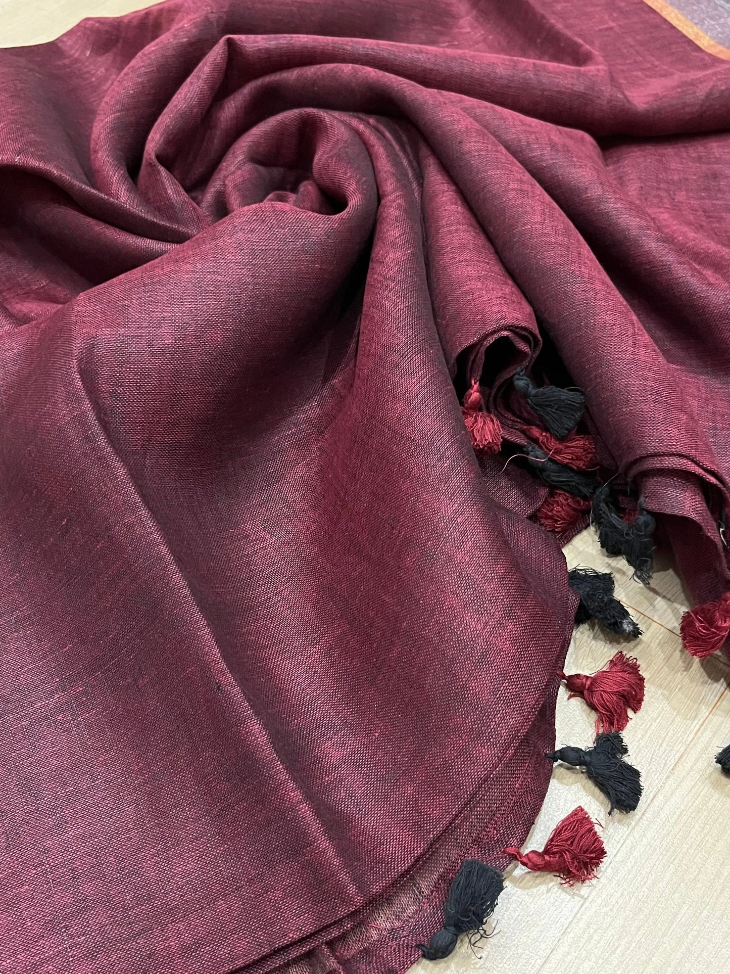 Wine Shade Handwoven organic Linen Saree | Gold Silver Zari Pallu | KIHUMS Saree kihums clothing