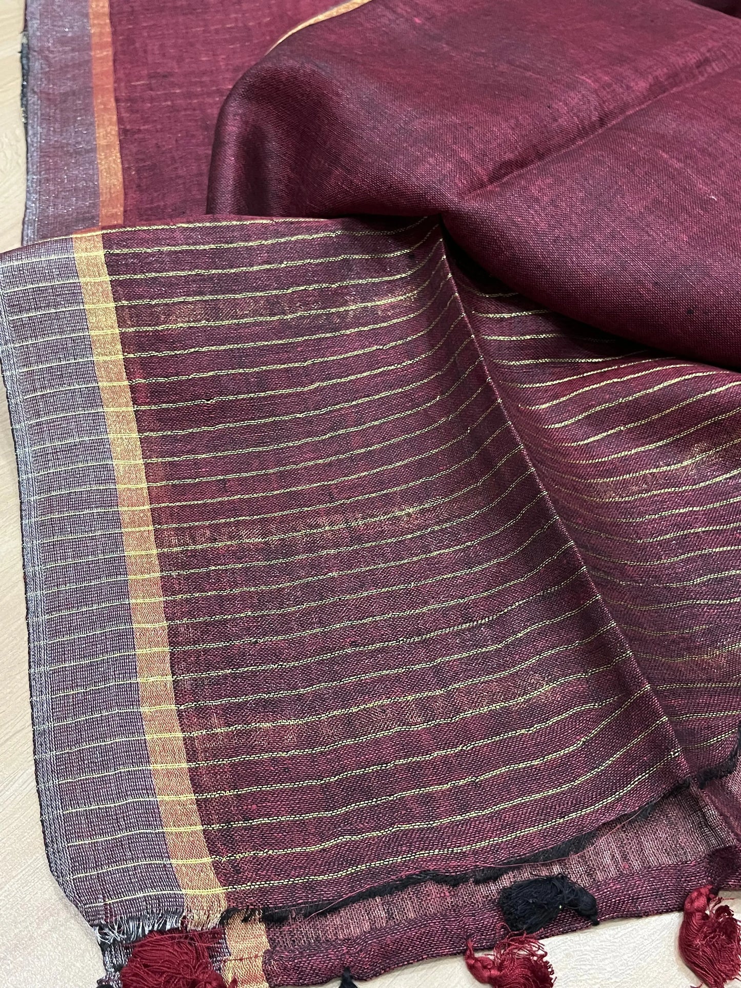 Wine Shade Handwoven organic Linen Saree | Gold Silver Zari Pallu | KIHUMS Saree kihums clothing
