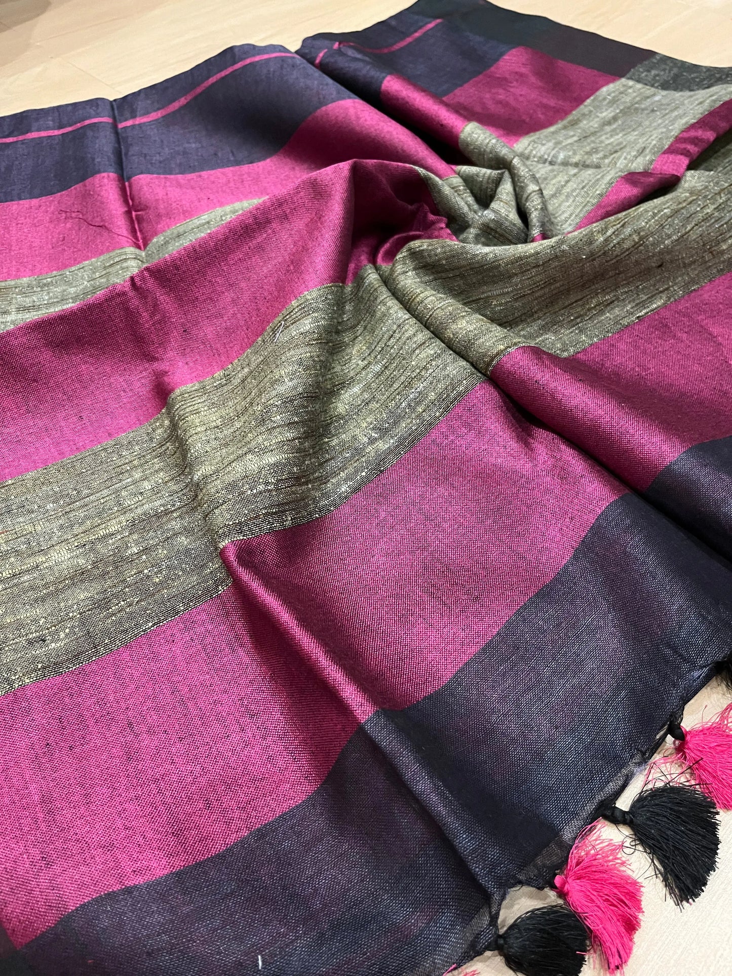 Dark blue Handwoven organic Linen Saree | Contrast border | KIHUMS Saree kihums clothing