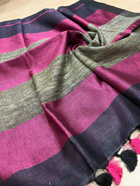 Dark blue Handwoven organic Linen Saree | Contrast border | KIHUMS Saree kihums clothing