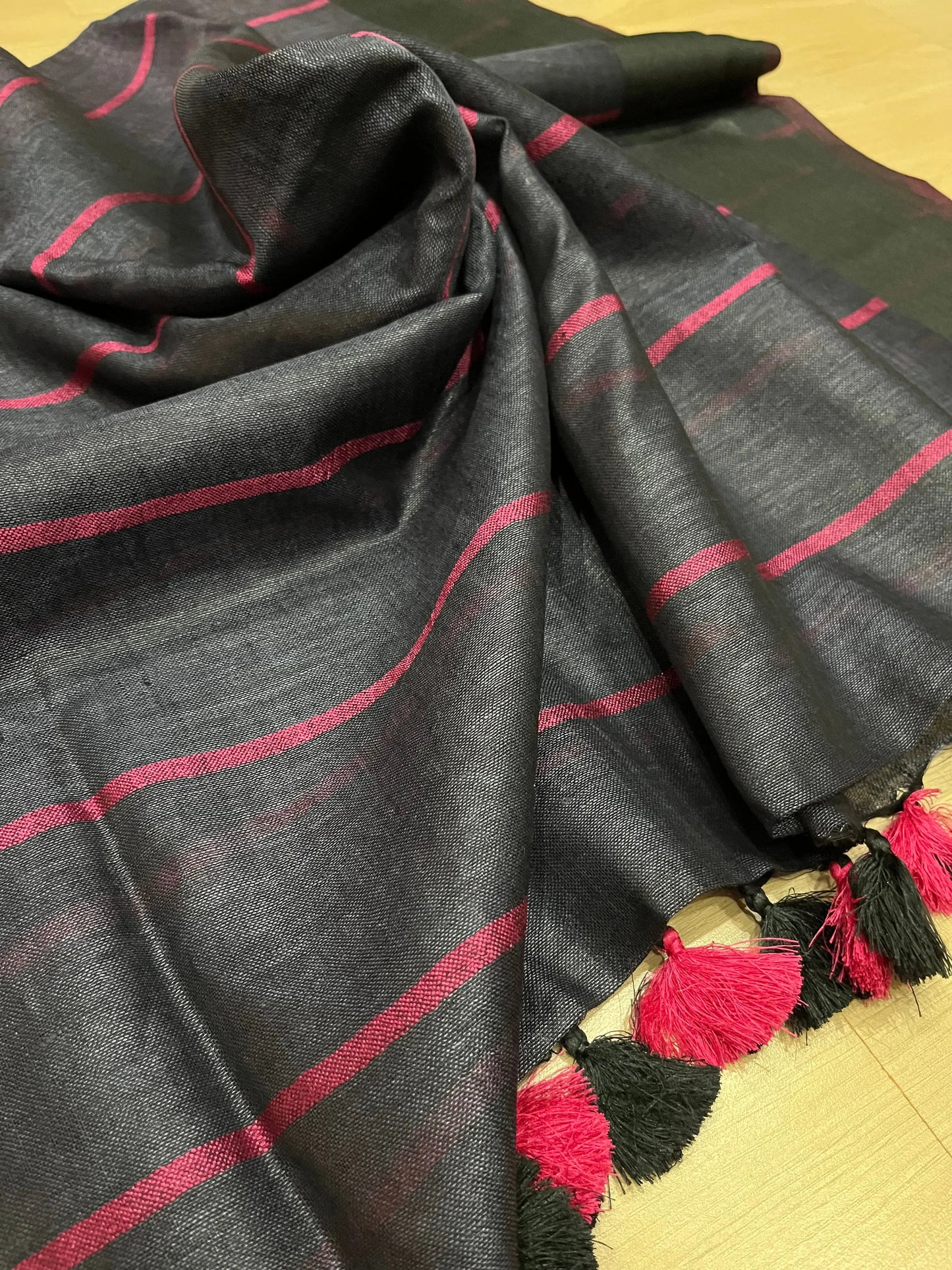 Dark blue Handwoven organic Linen Saree | Contrast border | KIHUMS Saree kihums clothing