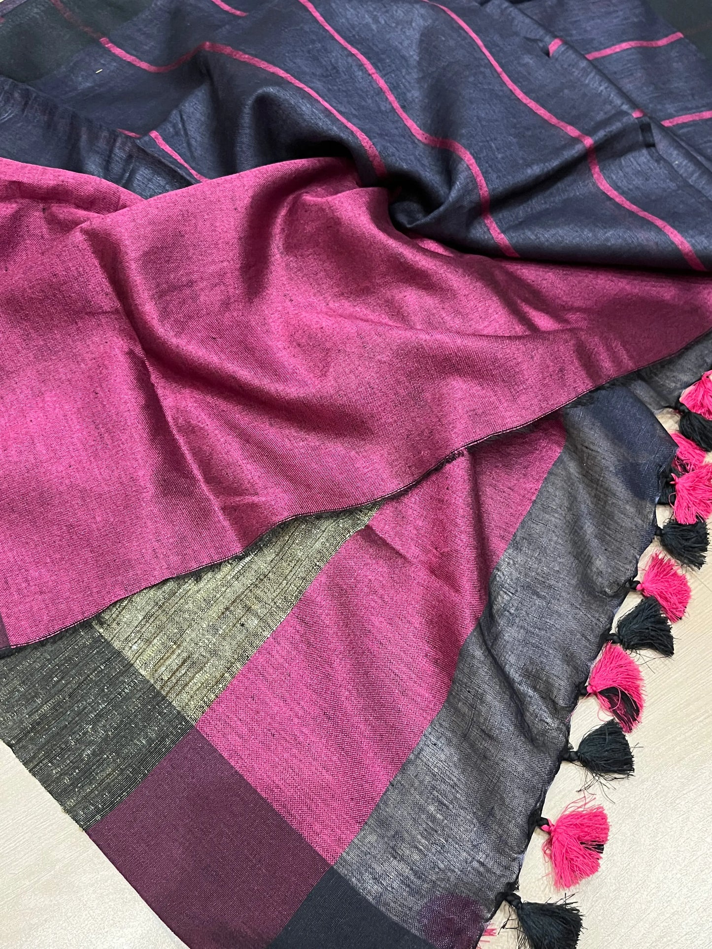 Dark blue Handwoven organic Linen Saree | Contrast border | KIHUMS Saree kihums clothing