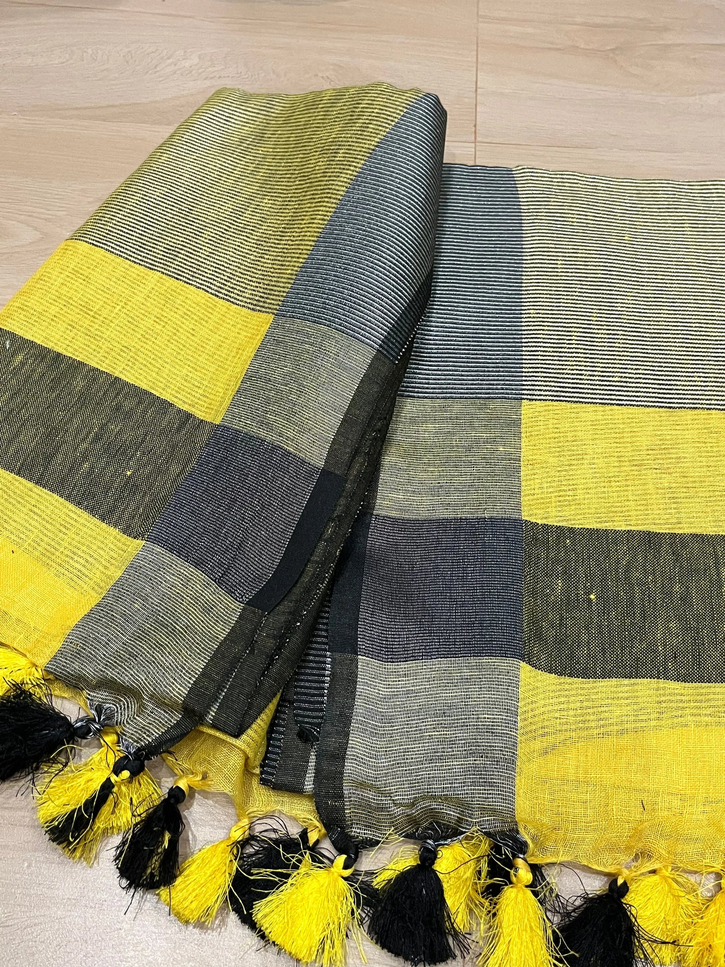 Yellow Handwoven organic Linen Saree | Contrast border | KIHUMS Saree kihums clothing