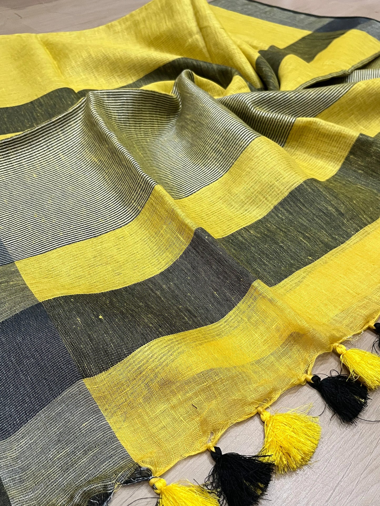 Yellow Handwoven organic Linen Saree | Contrast border | KIHUMS Saree kihums clothing