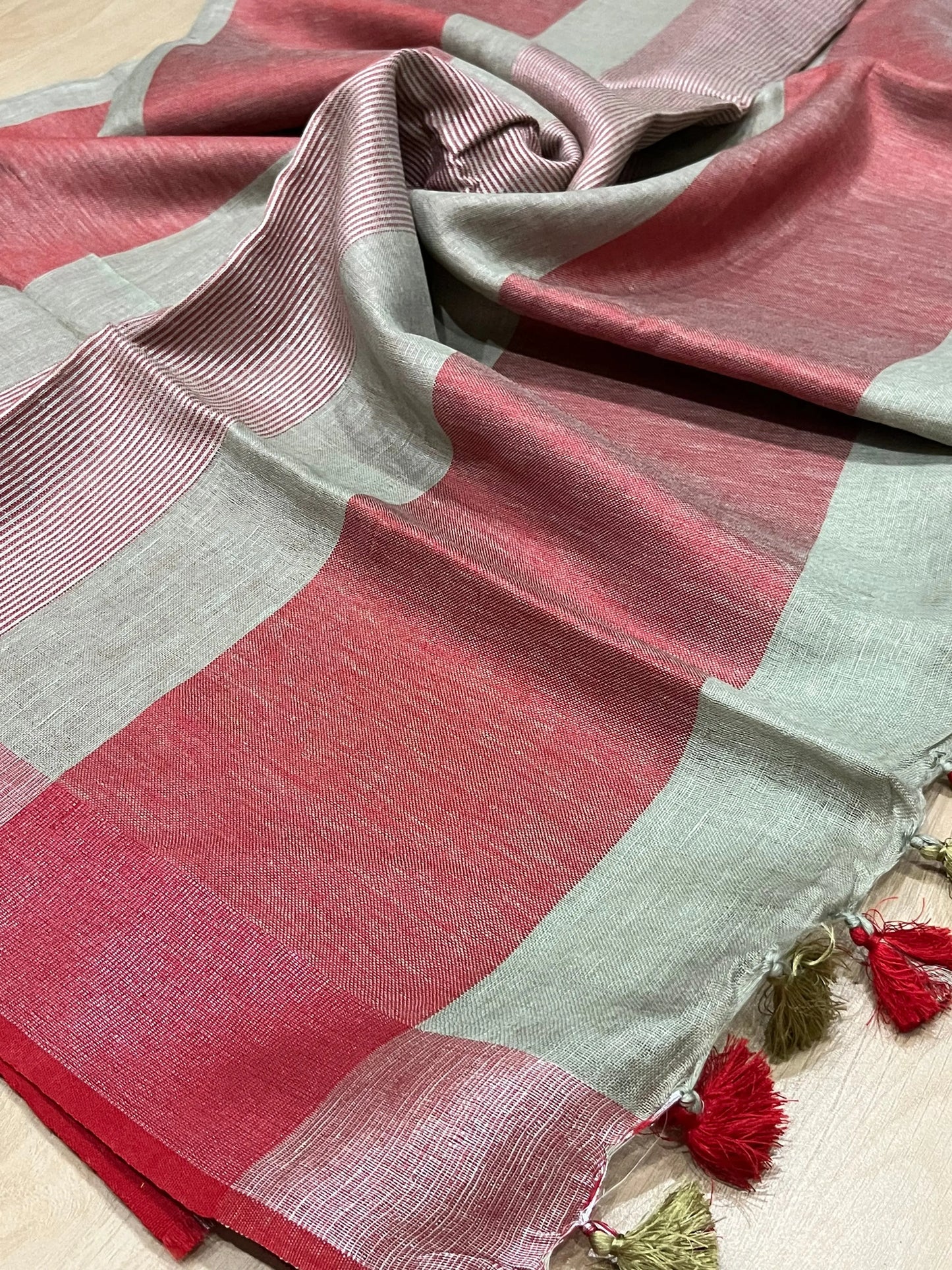 Mint Ash Handwoven organic Linen Saree | Contrast border | KIHUMS Saree kihums clothing