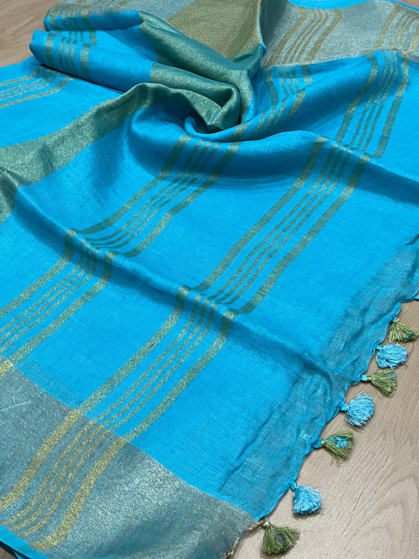 Blue Handwoven organic Linen Saree | Gold zari border | KIHUMS Saree kihums clothing