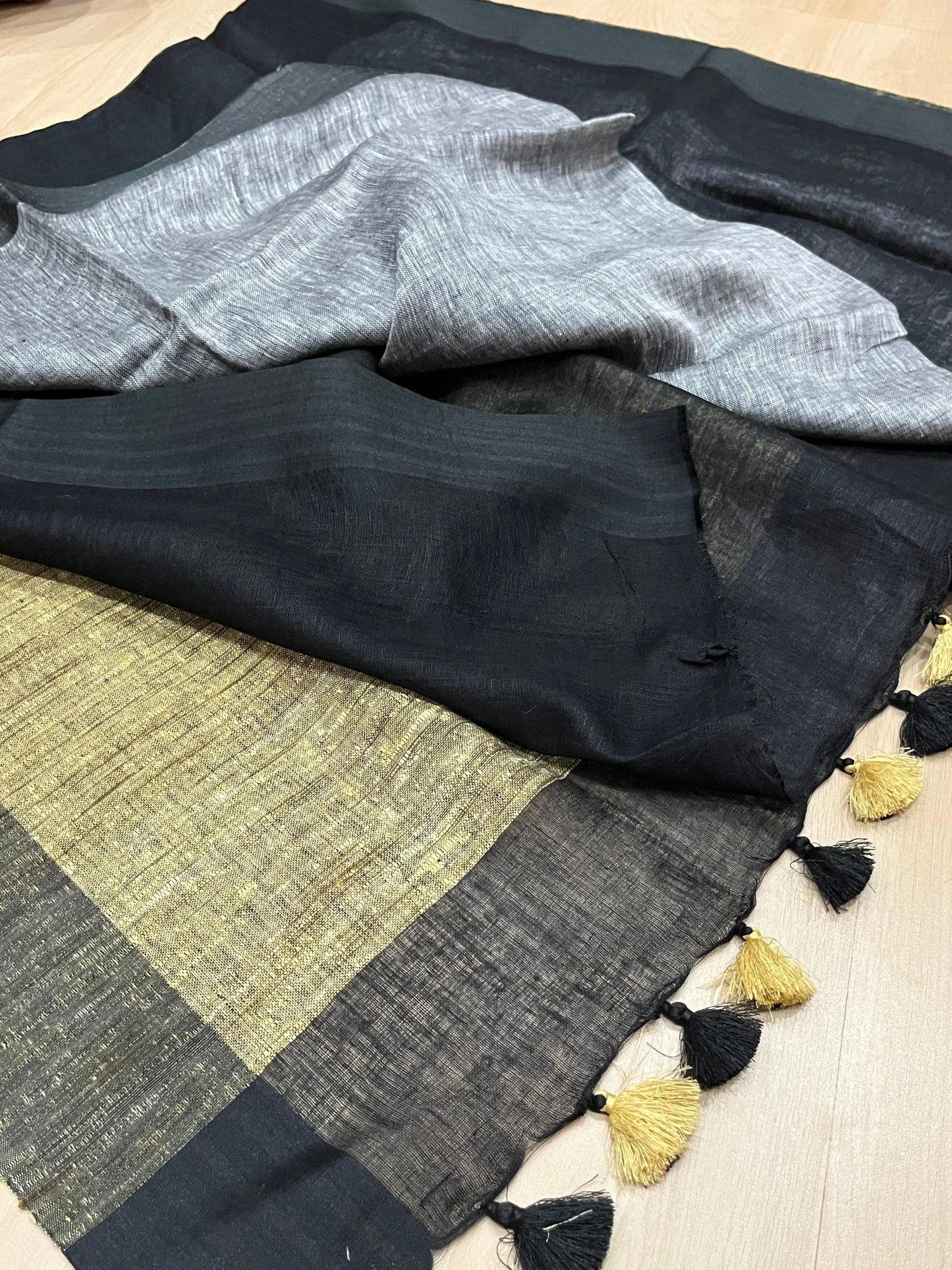 Black & Grey Handwoven organic Linen Saree | Contrast pallu | KIHUMS Saree kihums clothing