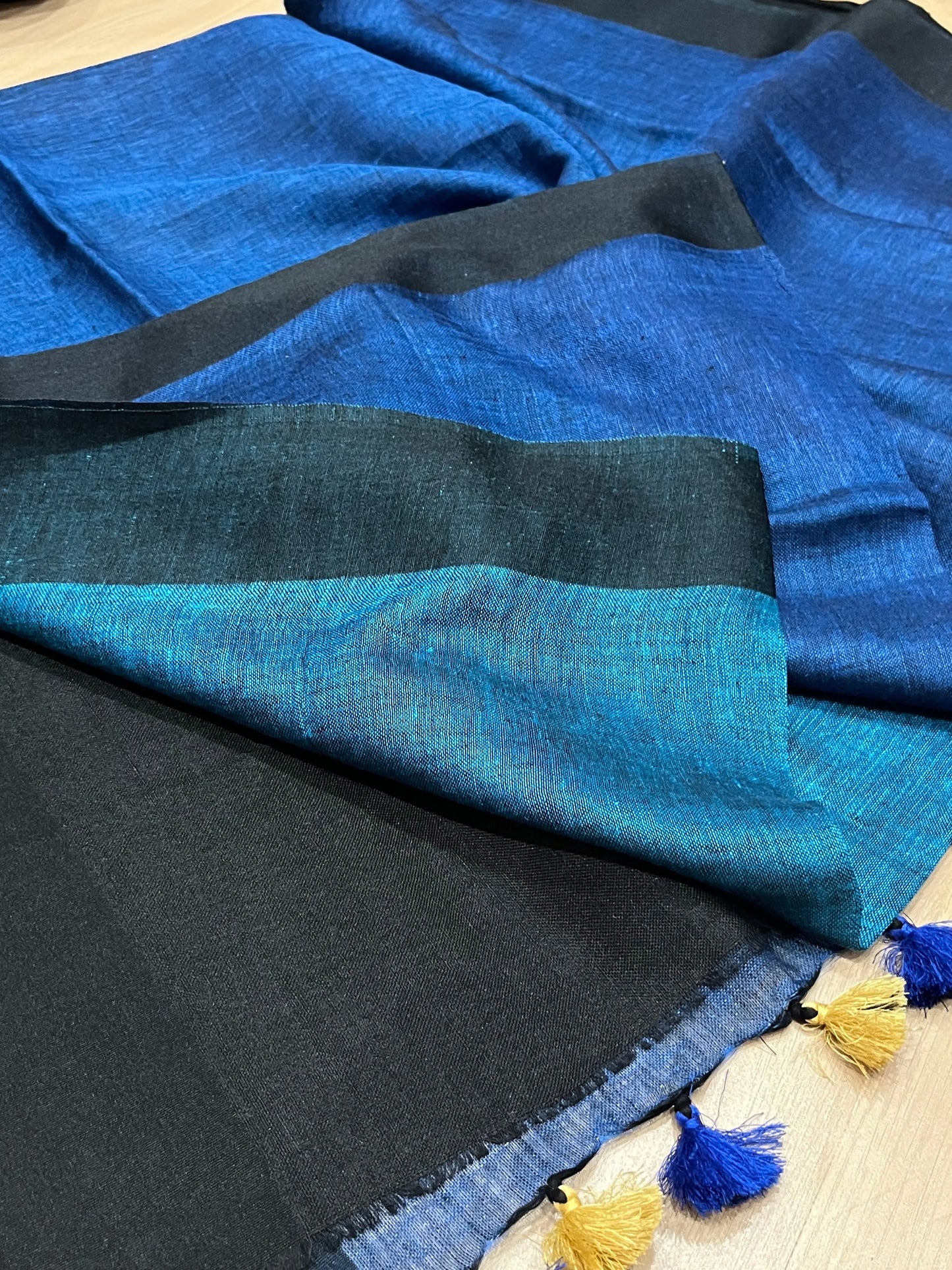 Dark Blue & Light blue Handwoven organic Linen Saree | Contrast pallu | KIHUMS Saree kihums clothing