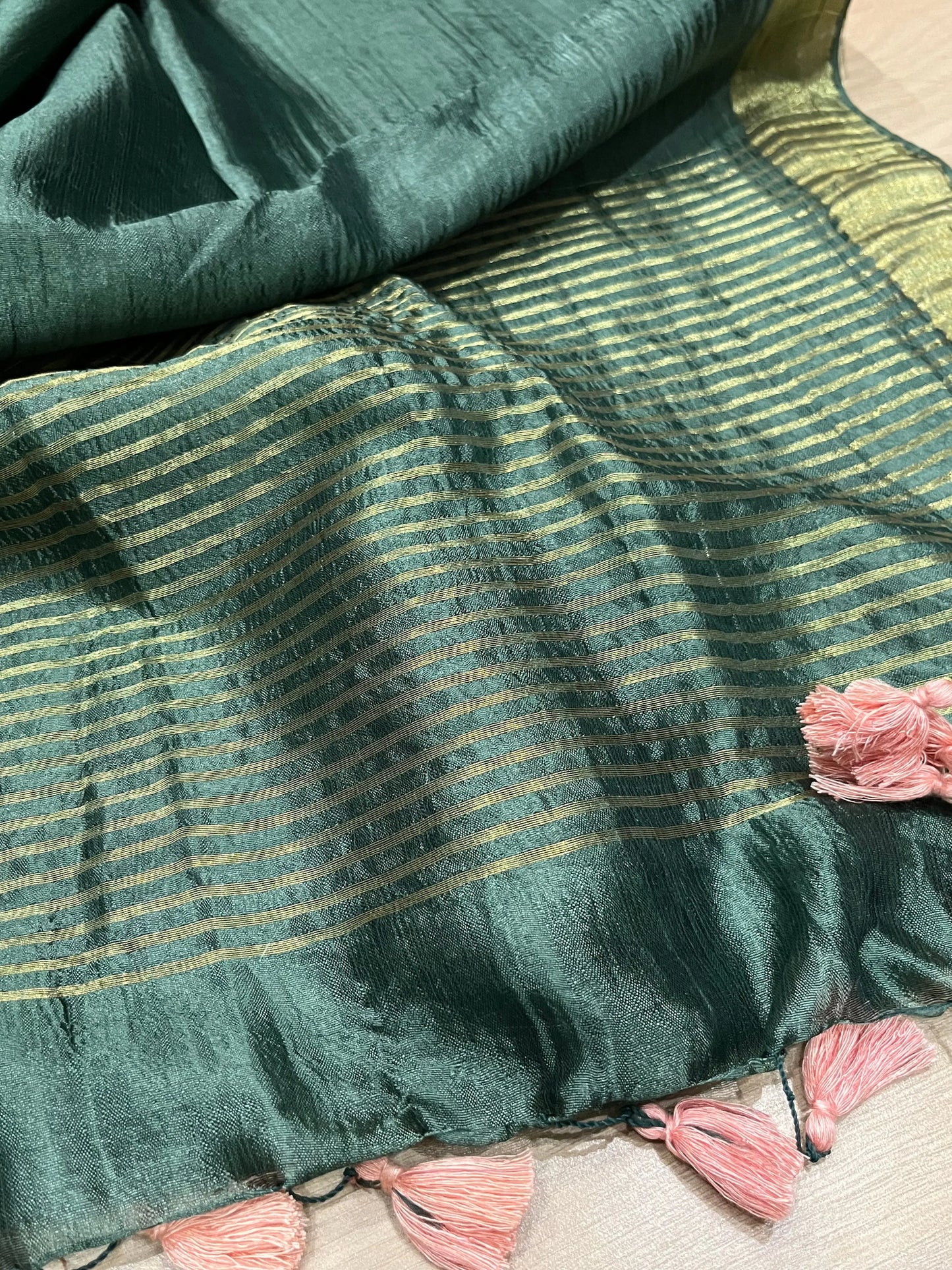 Dark Green Handmade Silk Viscose Saree | Gold Zari Border | KIHUMS Saree kihums clothing