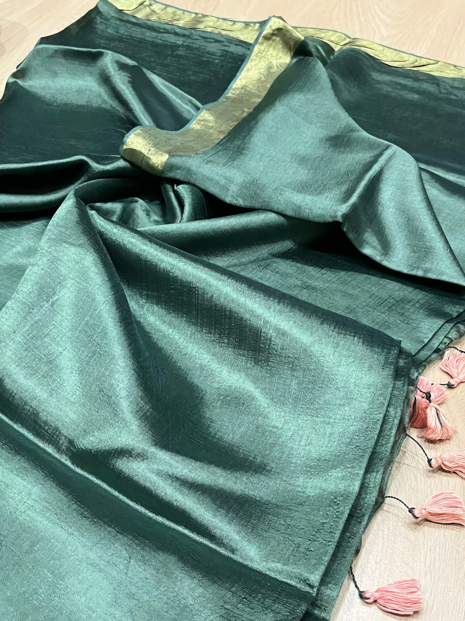 Dark Green Handmade Silk Viscose Saree | Gold Zari Border | KIHUMS Saree kihums clothing