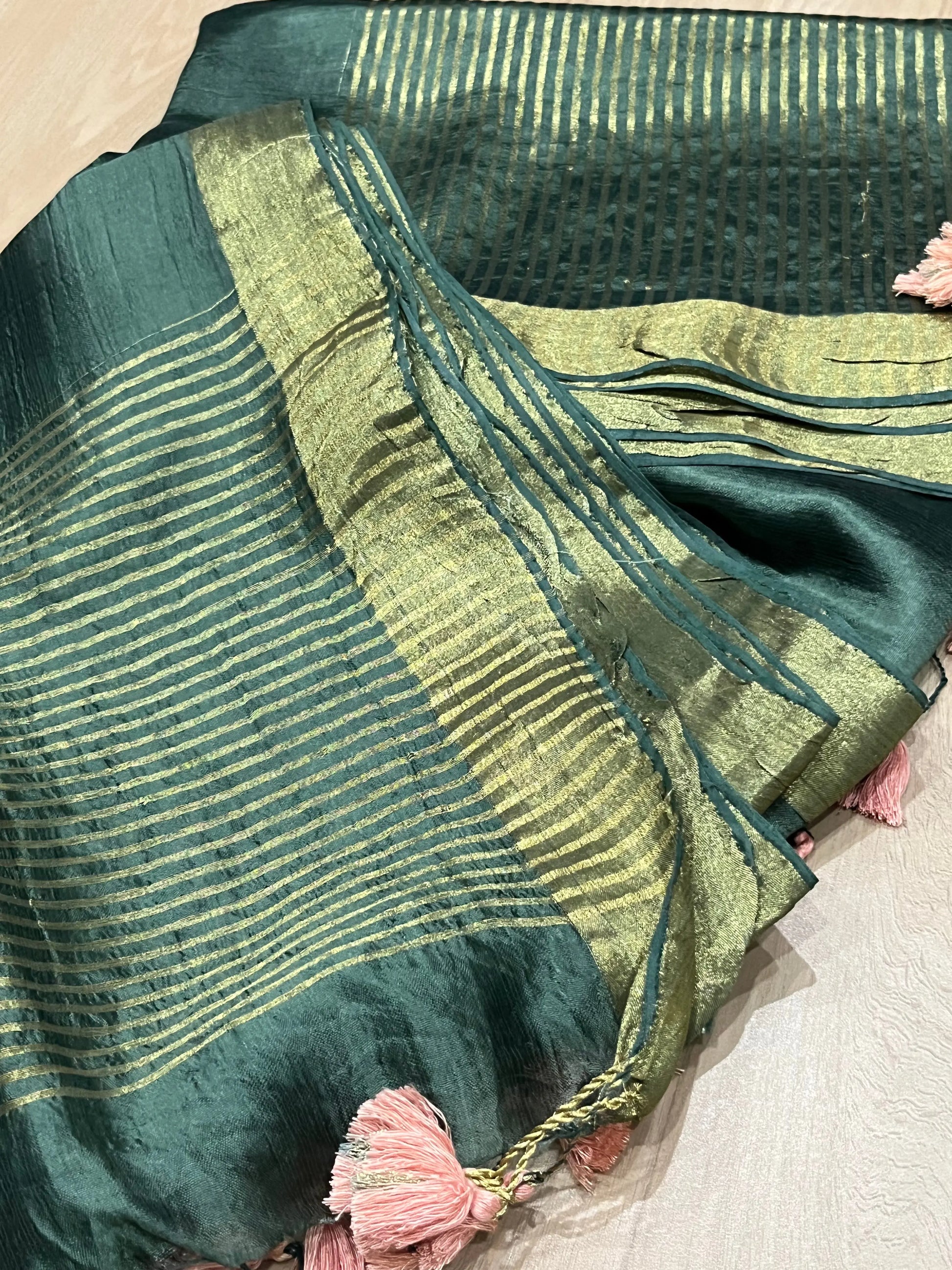 Dark Green Handmade Silk Viscose Saree | Gold Zari Border | KIHUMS Saree kihums clothing