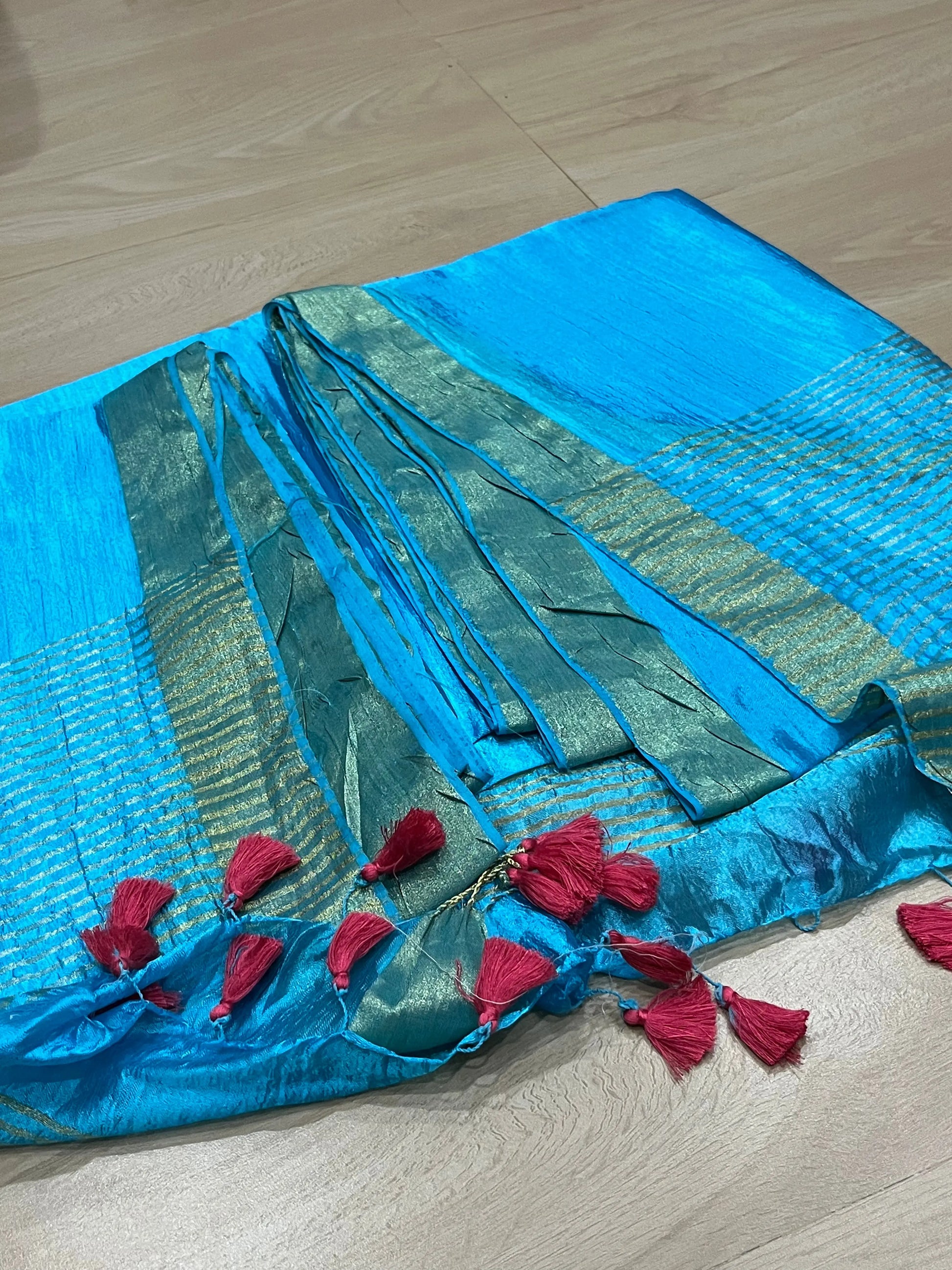 Bright Blue Handmade Silk Viscose Saree | Gold Zari Border | KIHUMS Saree kihums clothing