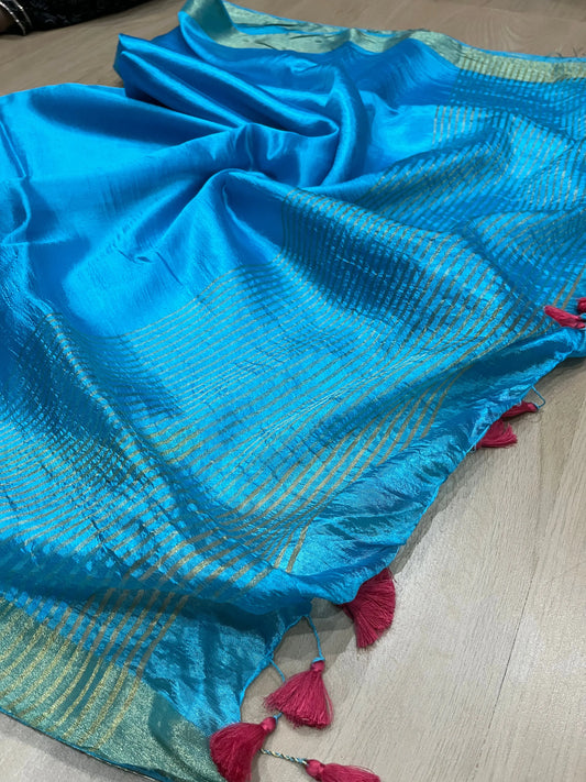 Bright Blue Handmade Silk Viscose Saree | Gold Zari Border | KIHUMS Saree kihums clothing