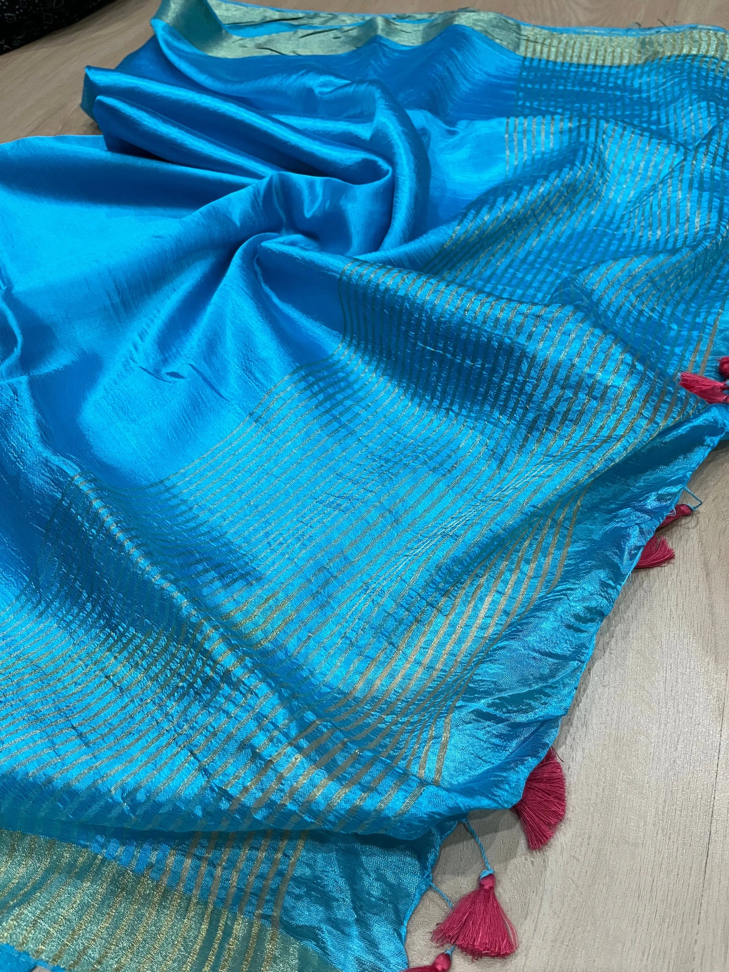 Bright Blue Handmade Silk Viscose Saree | Gold Zari Border | KIHUMS Saree kihums clothing