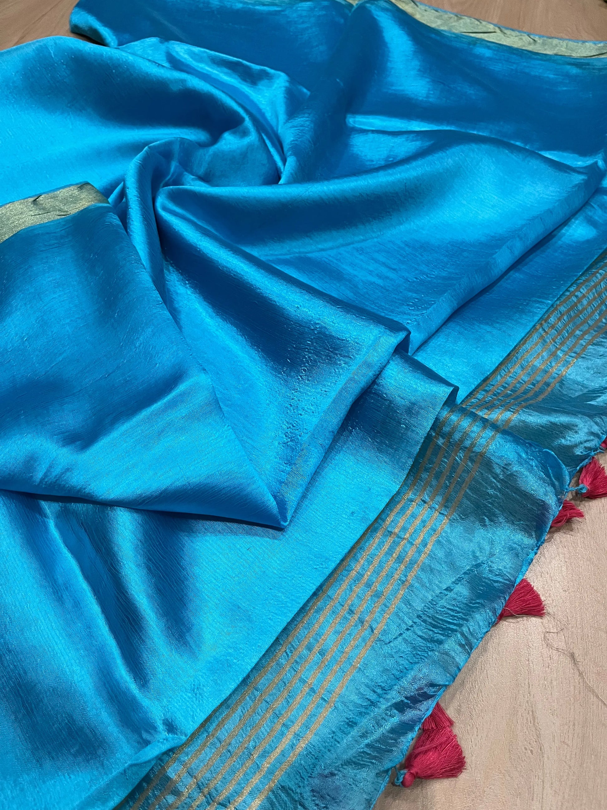 Bright Blue Handmade Silk Viscose Saree | Gold Zari Border | KIHUMS Saree kihums clothing