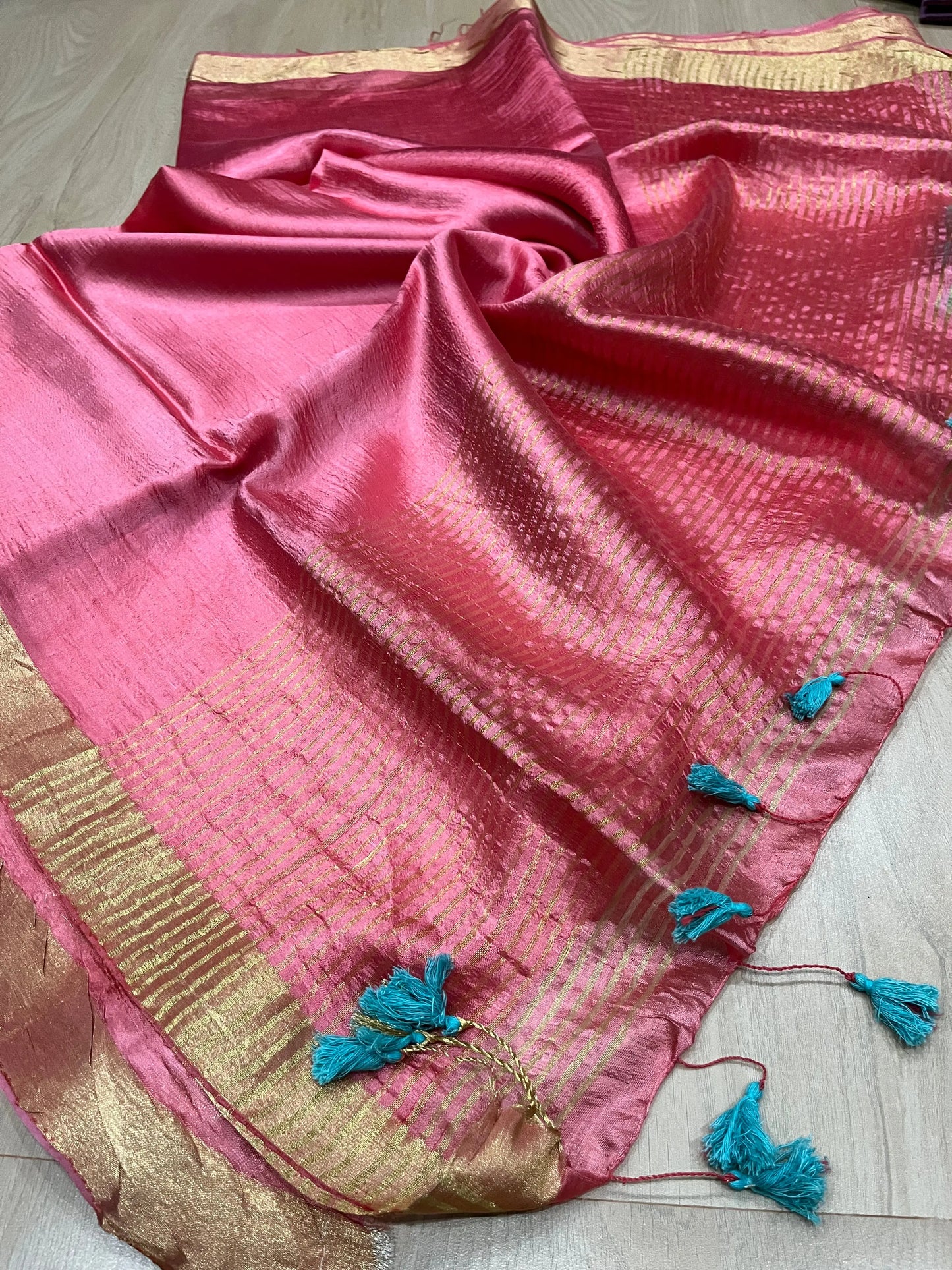 Salmon Pink Handmade Silk Viscose Saree | Gold Zari Border | KIHUMS Saree kihums clothing
