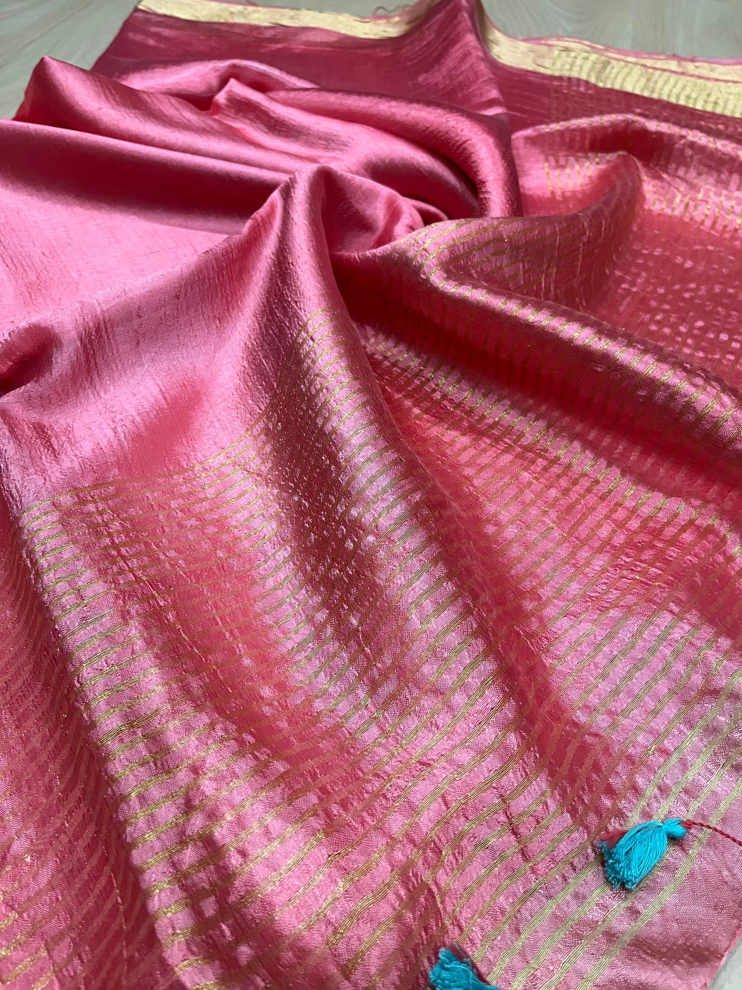 Salmon Pink Handmade Silk Viscose Saree | Gold Zari Border | KIHUMS Saree kihums clothing