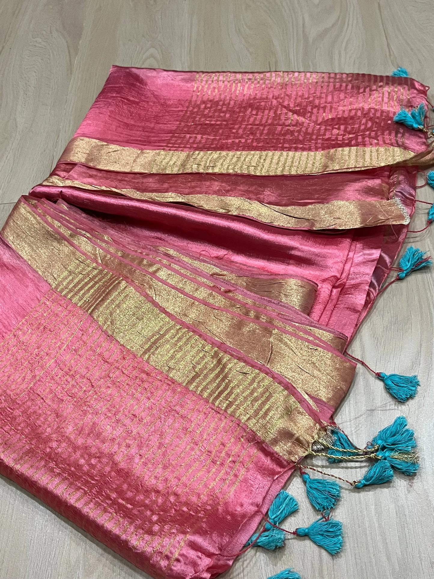 Salmon Pink Handmade Silk Viscose Saree | Gold Zari Border | KIHUMS Saree kihums clothing