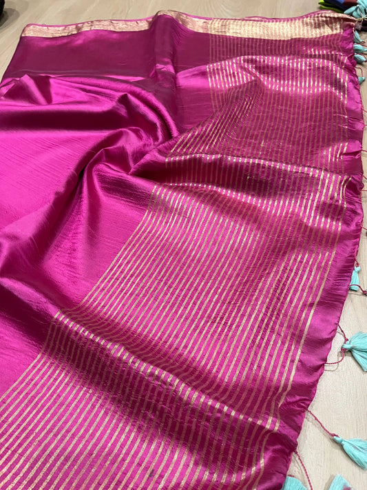 Hot Pink Handmade Silk Viscose Saree | Gold Zari Border | KIHUMS Saree kihums clothing