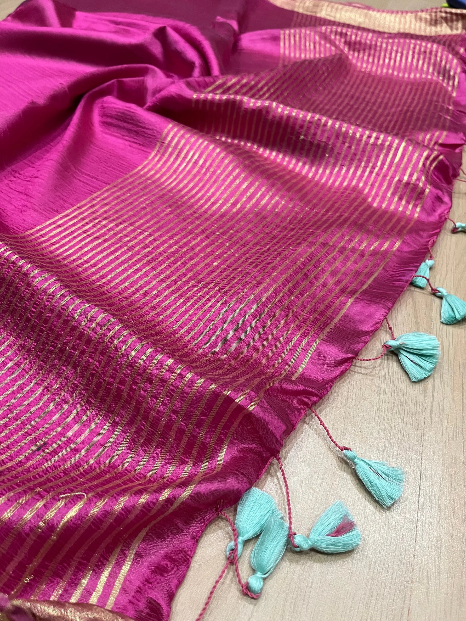 Hot Pink Handmade Silk Viscose Saree | Gold Zari Border | KIHUMS Saree kihums clothing