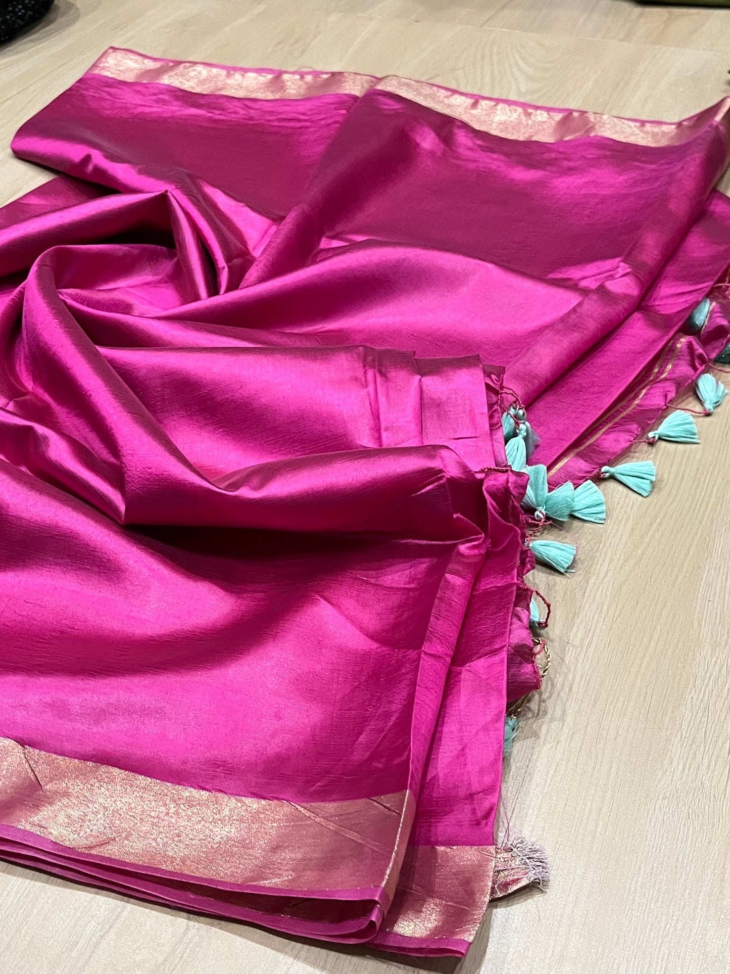 Hot Pink Handmade Silk Viscose Saree | Gold Zari Border | KIHUMS Saree