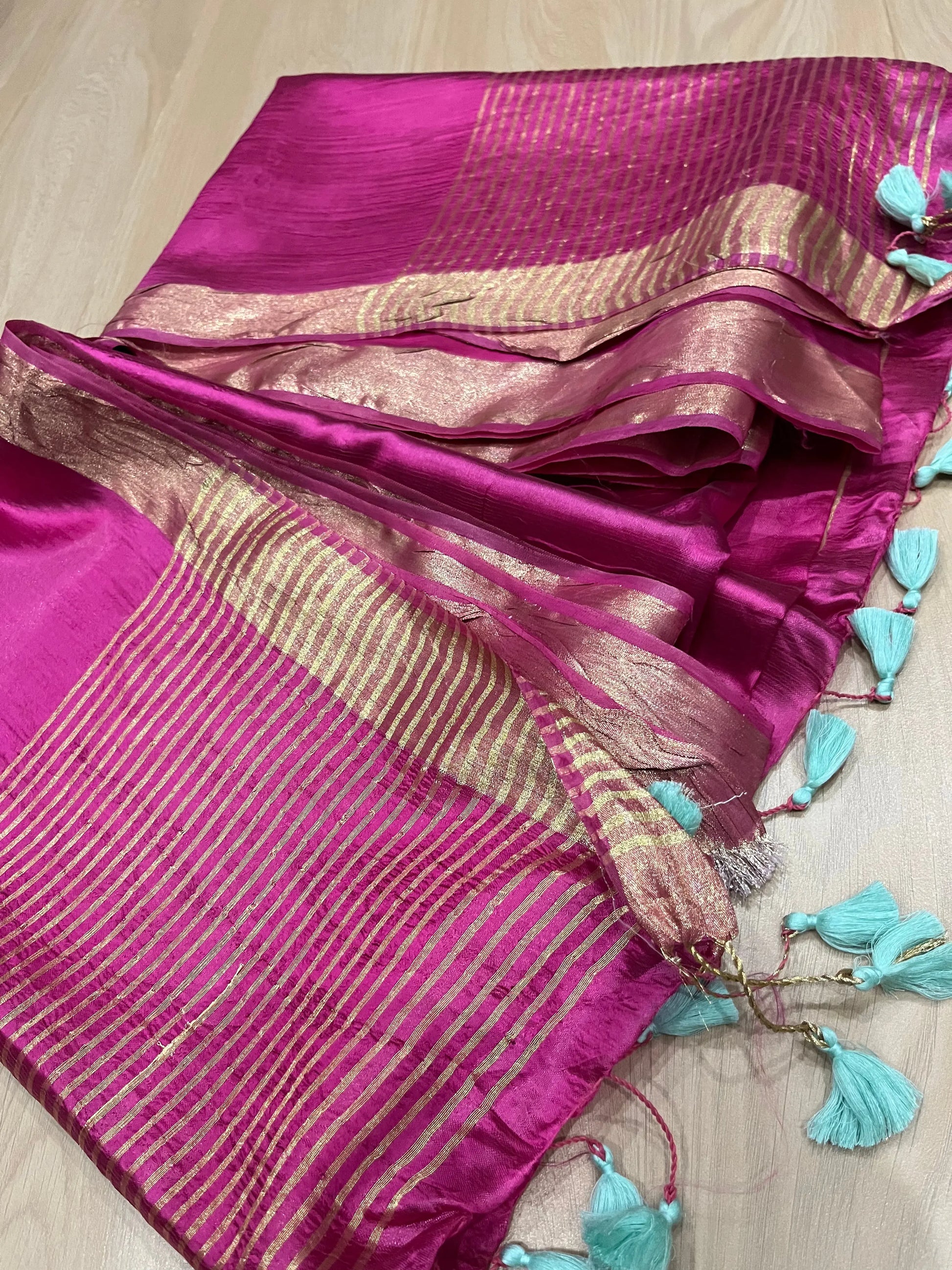 Hot Pink Handmade Silk Viscose Saree | Gold Zari Border | KIHUMS Saree kihums clothing