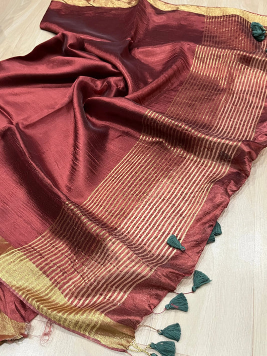 Chocolate shade Handmade Silk Viscose Saree | Gold Zari Border | KIHUMS Saree kihums clothing