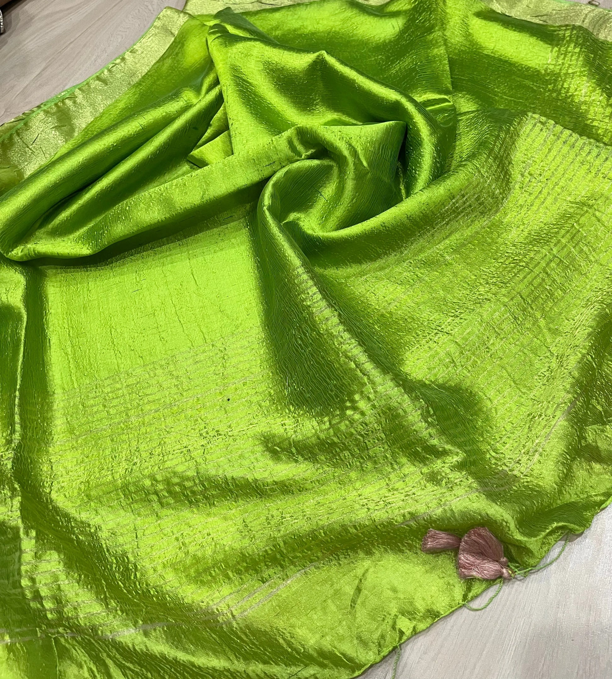 Bright Green Handmade Silk Viscose Saree | Gold Zari Border | KIHUMS Saree kihums clothing